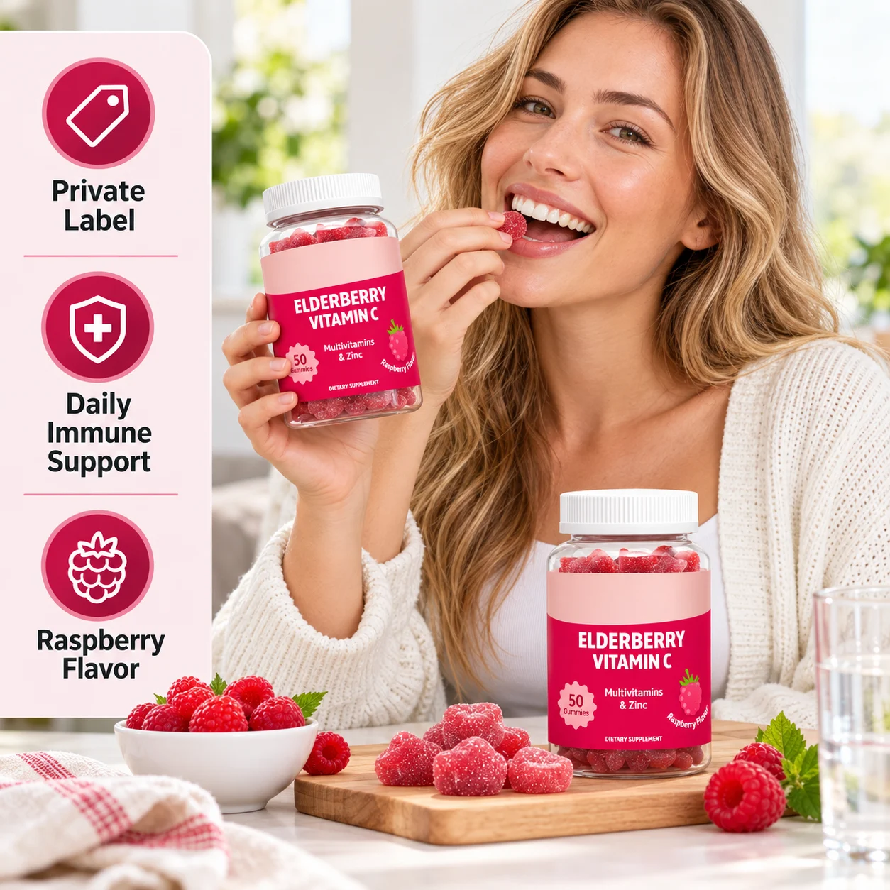 Elderberry Vitamin C Gummies with Multivitamins & Zinc, Raspberry Flavor, 50 Count, OEM ODM Private Label product detail