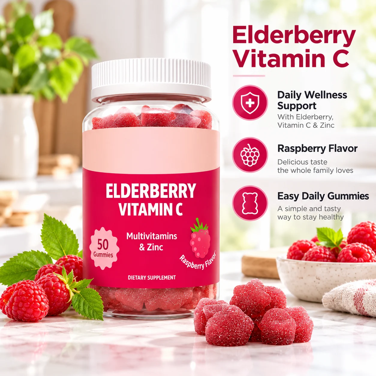 Elderberry Vitamin C Gummies with Multivitamins & Zinc, Raspberry Flavor, 50 Count, OEM ODM Private Label product detail