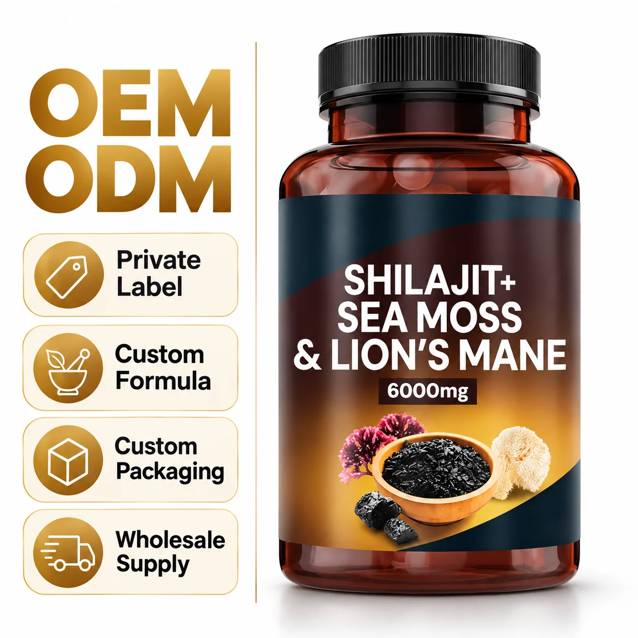 Shilajit Sea Moss & Lion's Mane Capsules 6000mg, 120 Vegan Capsules, 60% Fulvic Acid, Daily Wellness Supplement, OEM ODM Private Label, Custom Formula, Wholesale