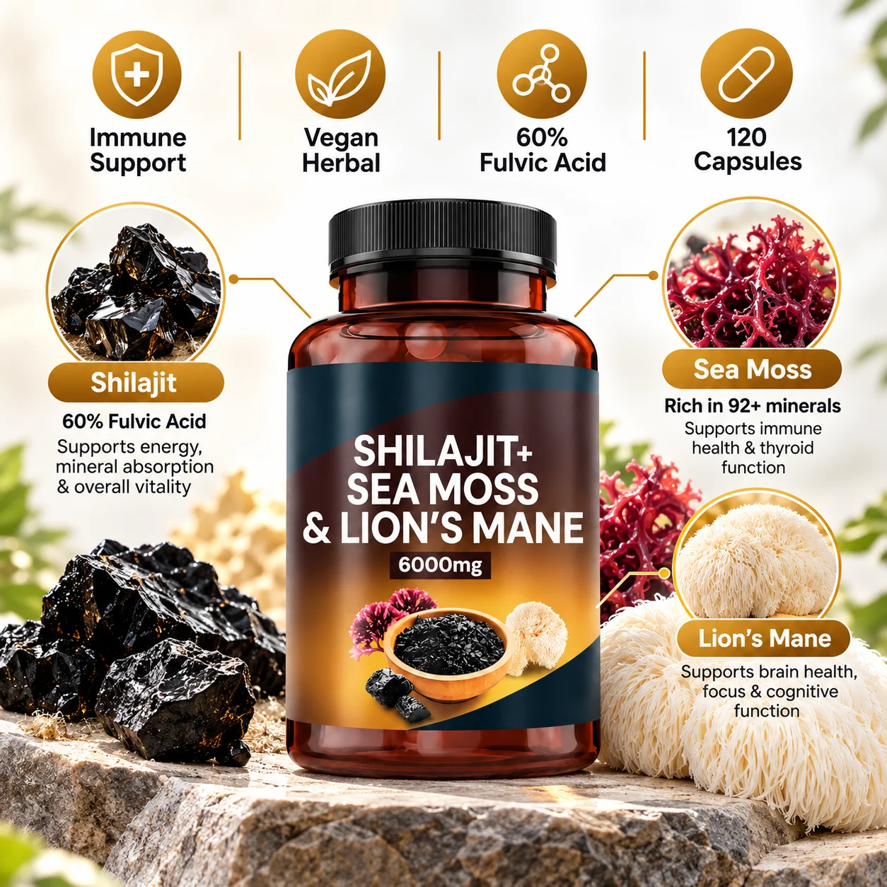 Shilajit Sea Moss & Lion's Mane Capsules 6000mg, 120 Vegan Capsules, 60% Fulvic Acid, Daily Wellness Supplement, OEM ODM Private Label, Custom Formula, Wholesale product detail