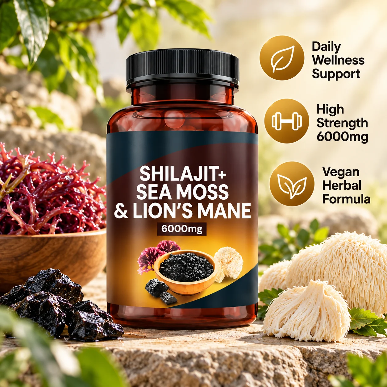 Shilajit Sea Moss & Lion's Mane Capsules 6000mg, 120 Vegan Capsules, 60% Fulvic Acid, Daily Wellness Supplement, OEM ODM Private Label, Custom Formula, Wholesale product detail