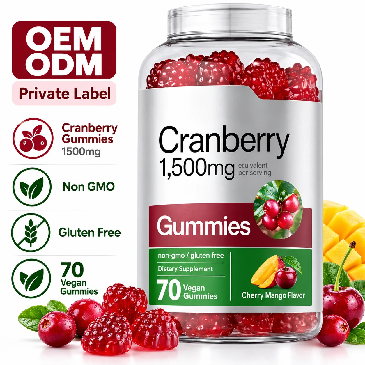 Cranberry Gummies 1500mg Equivalent Per Serving, 70 Vegan Gummies, Cherry Mango Flavor, Non-GMO, Gluten Free Dietary Supplement, OEM ODM Private Label Wholesale