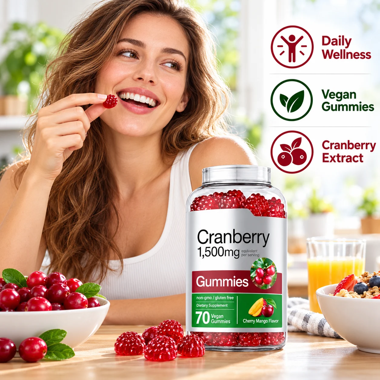 Cranberry Gummies 1500mg Equivalent Per Serving, 70 Vegan Gummies, Cherry Mango Flavor, Non-GMO, Gluten Free Dietary Supplement, OEM ODM Private Label Wholesale product detail
