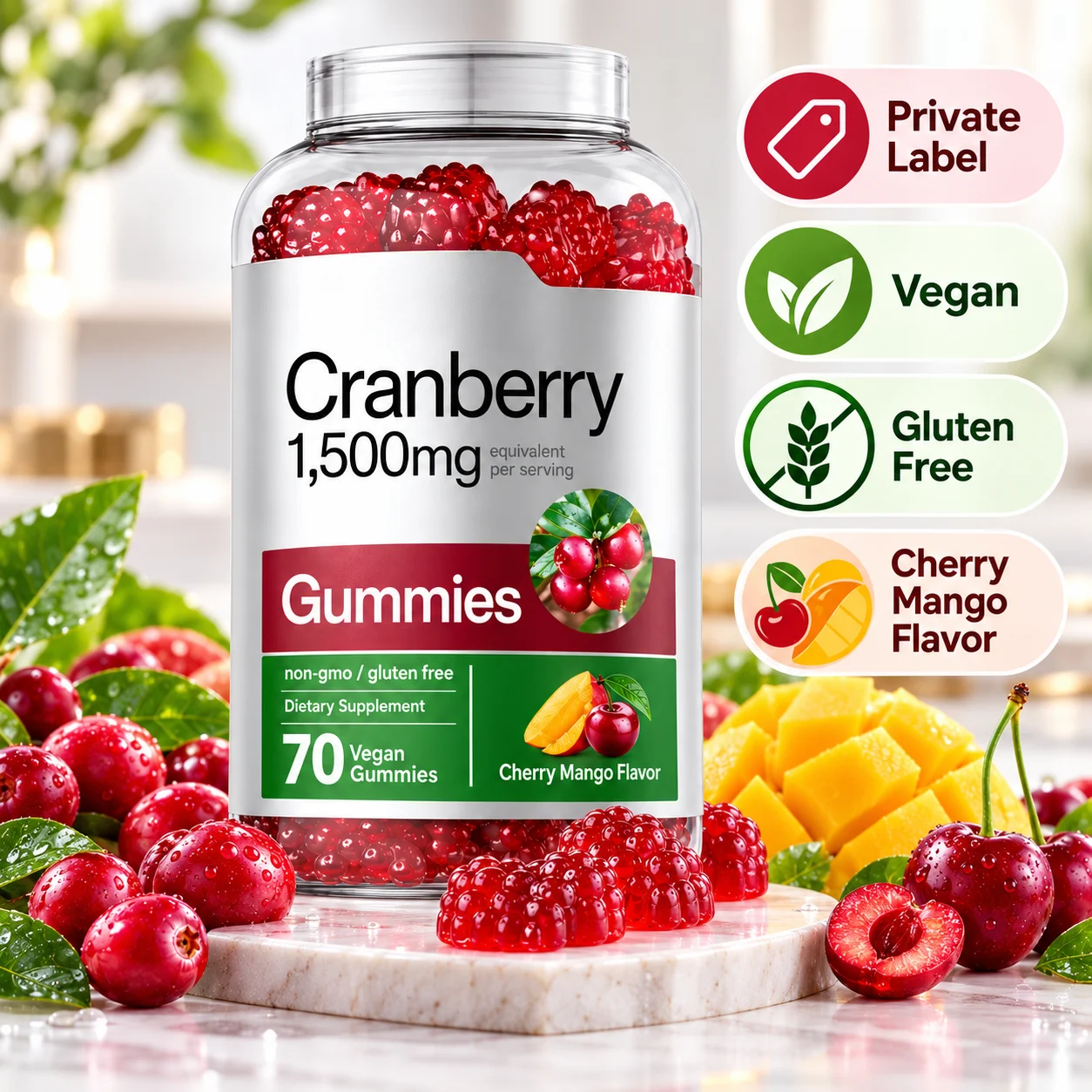 Cranberry Gummies 1500mg Equivalent Per Serving, 70 Vegan Gummies, Cherry Mango Flavor, Non-GMO, Gluten Free Dietary Supplement, OEM ODM Private Label Wholesale product detail