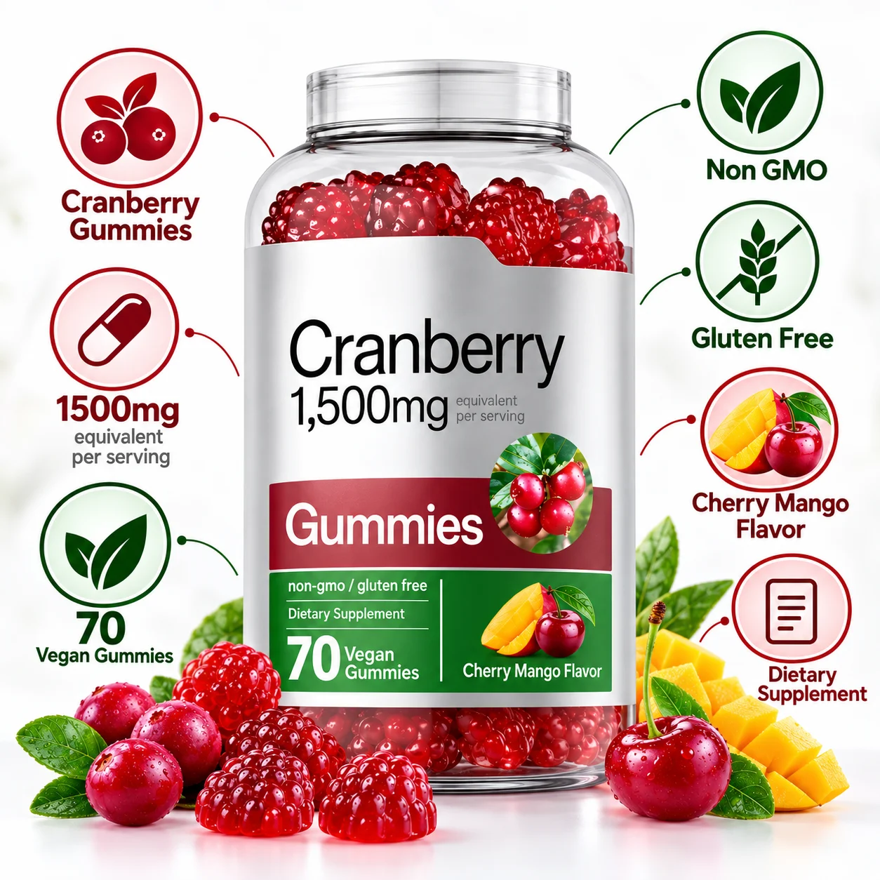 Cranberry Gummies 1500mg Equivalent Per Serving, 70 Vegan Gummies, Cherry Mango Flavor, Non-GMO, Gluten Free Dietary Supplement, OEM ODM Private Label Wholesale product detail