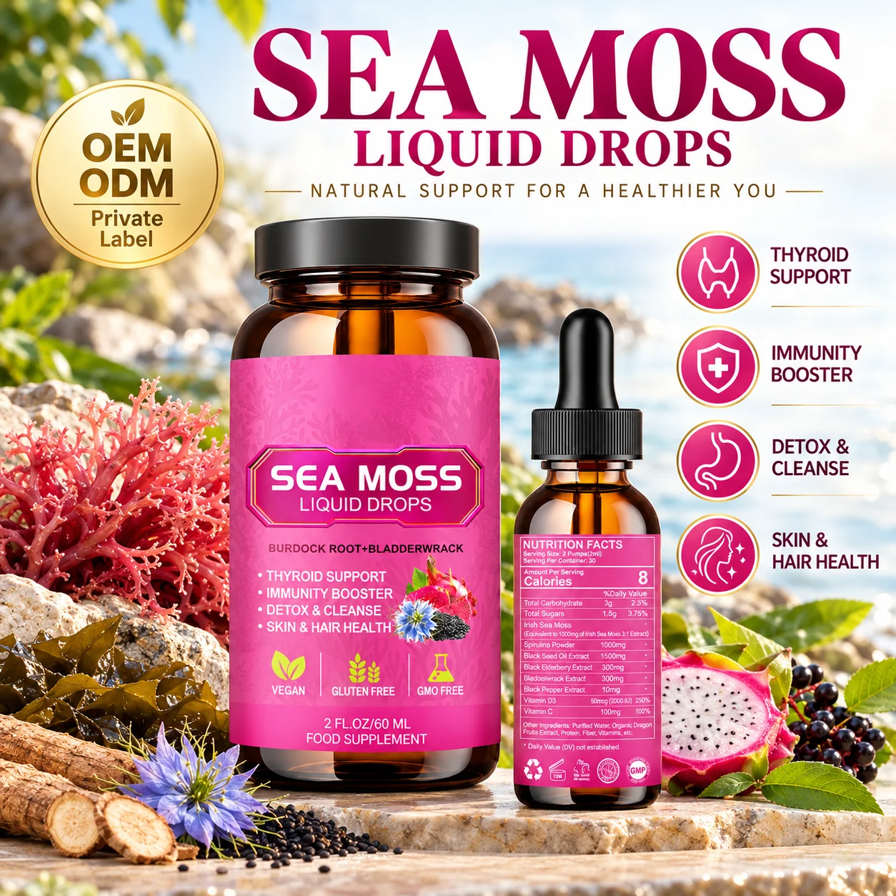 Sea Moss Liquid Drops 2 Fl Oz (60ml), Irish Sea Moss with Burdock Root & Bladderwrack, Vegan Gluten Free Herbal Supplement, OEM ODM Private Label, Custom Formula, Wholesale product detail