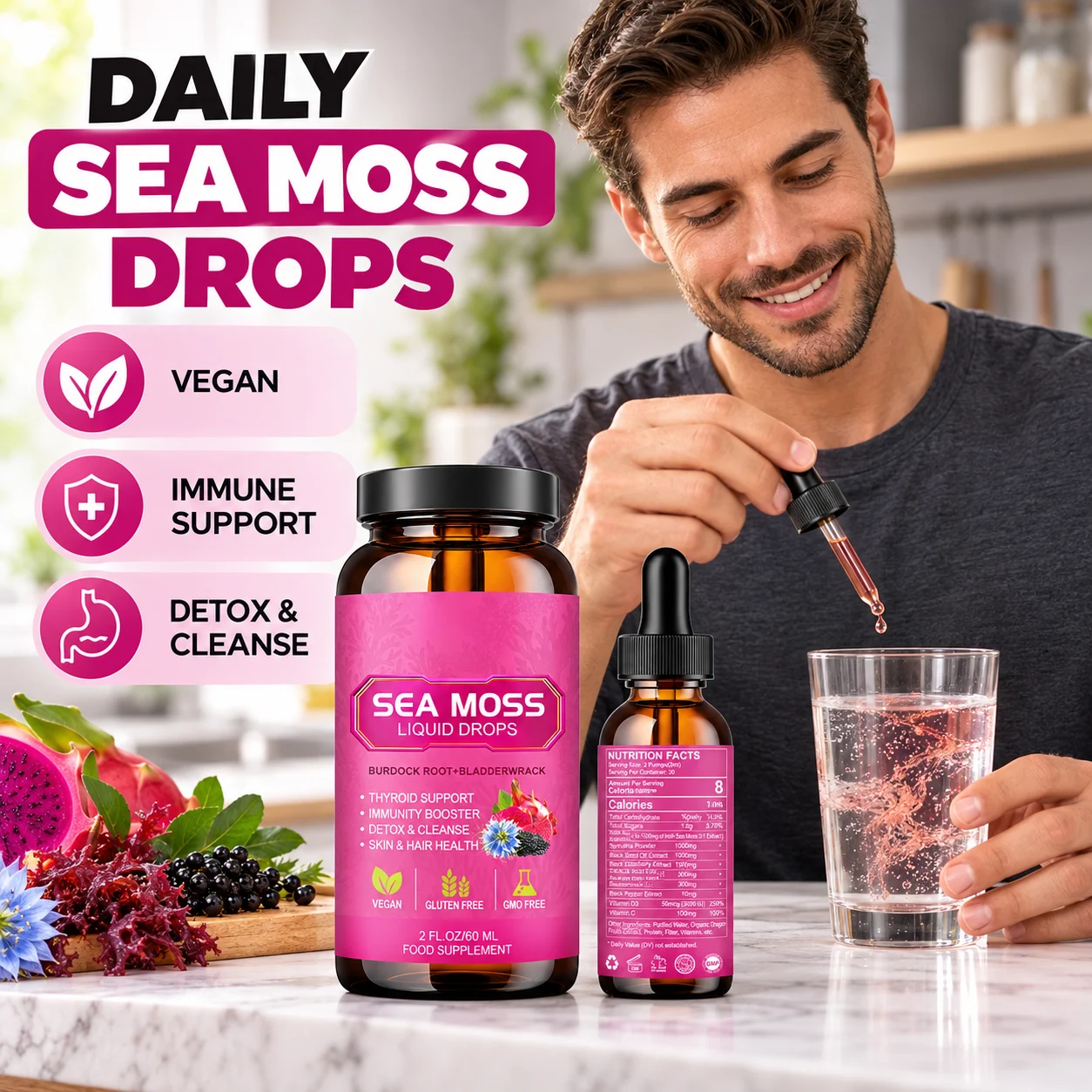Sea Moss Liquid Drops 2 Fl Oz (60ml), Irish Sea Moss with Burdock Root & Bladderwrack, Vegan Gluten Free Herbal Supplement, OEM ODM Private Label, Custom Formula, Wholesale product detail