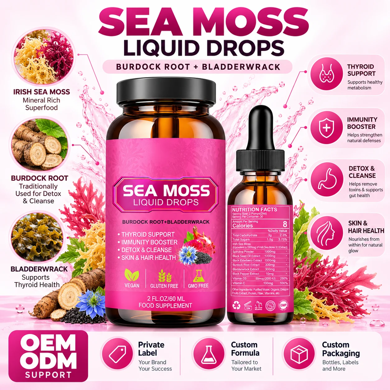 Sea Moss Liquid Drops 2 Fl Oz (60ml), Irish Sea Moss with Burdock Root & Bladderwrack, Vegan Gluten Free Herbal Supplement, OEM ODM Private Label, Custom Formula, Wholesale product detail