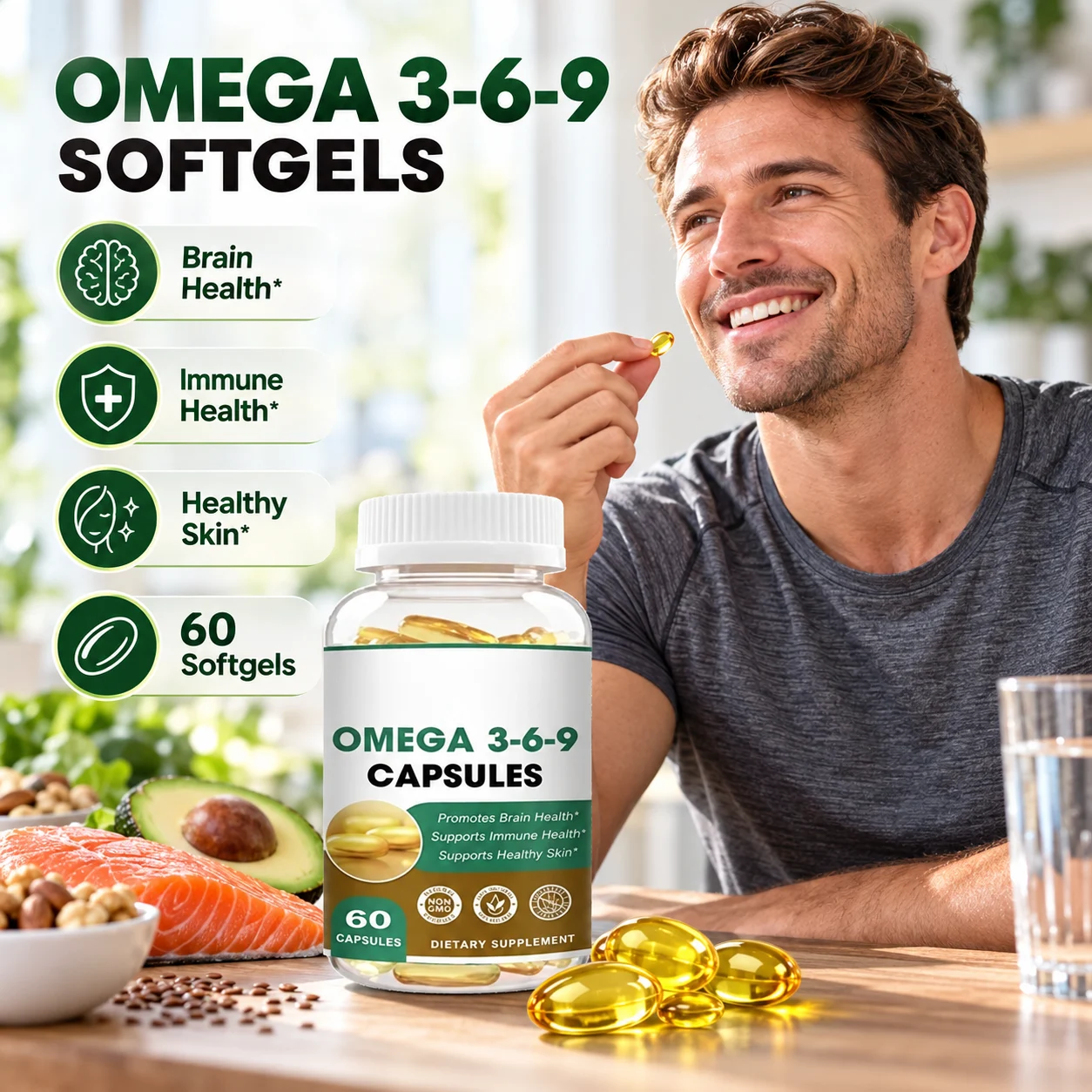 Omega 3-6-9 Softgels, 60 Count, DHA Fish Oil & Plant-Based Fatty Acids, Daily Essential Fatty Acid Supplement for Men and Women, OEM ODM Private Label, Custom Formula, Wholesale product detail