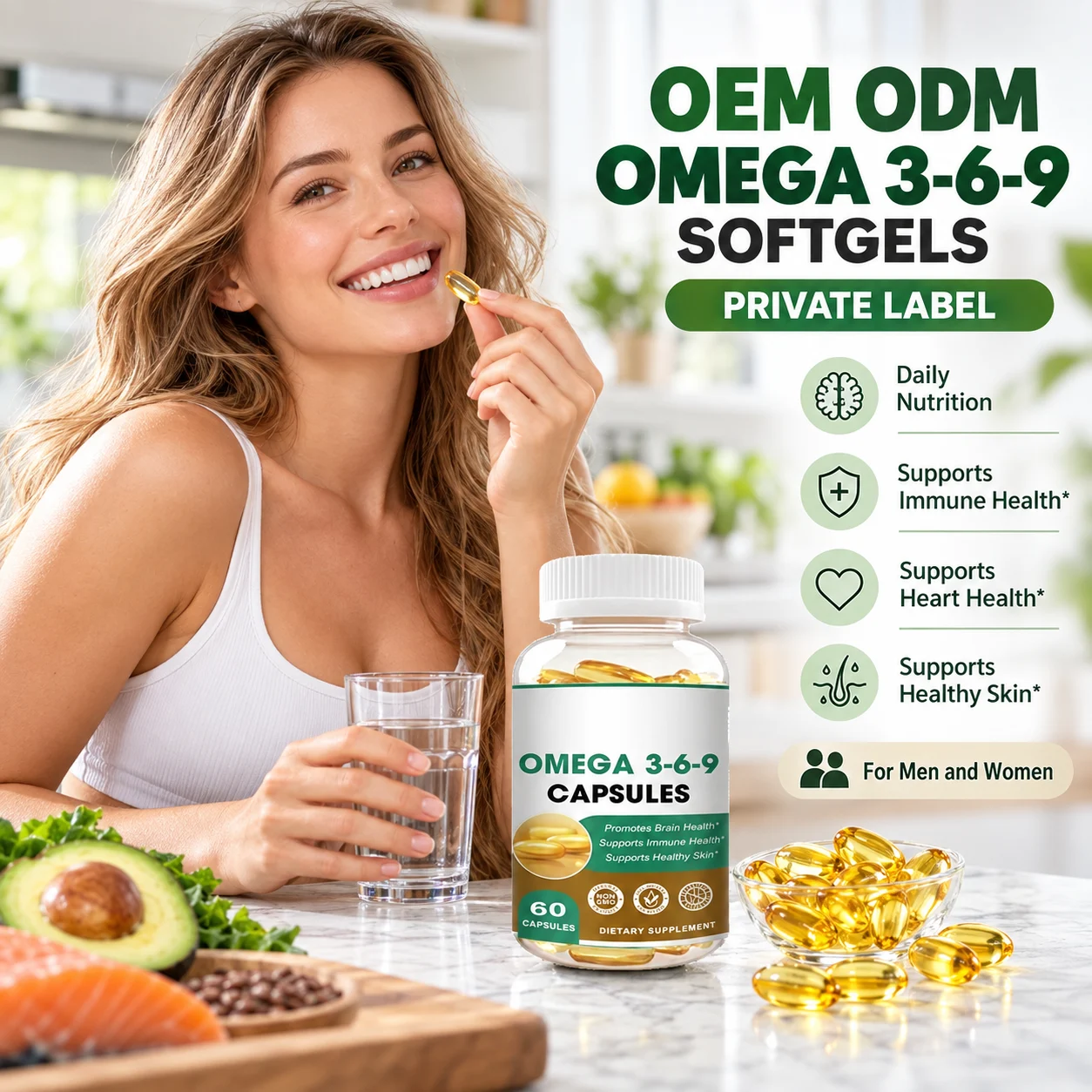 Omega 3-6-9 Softgels, 60 Count, DHA Fish Oil & Plant-Based Fatty Acids, Daily Essential Fatty Acid Supplement for Men and Women, OEM ODM Private Label, Custom Formula, Wholesale product detail