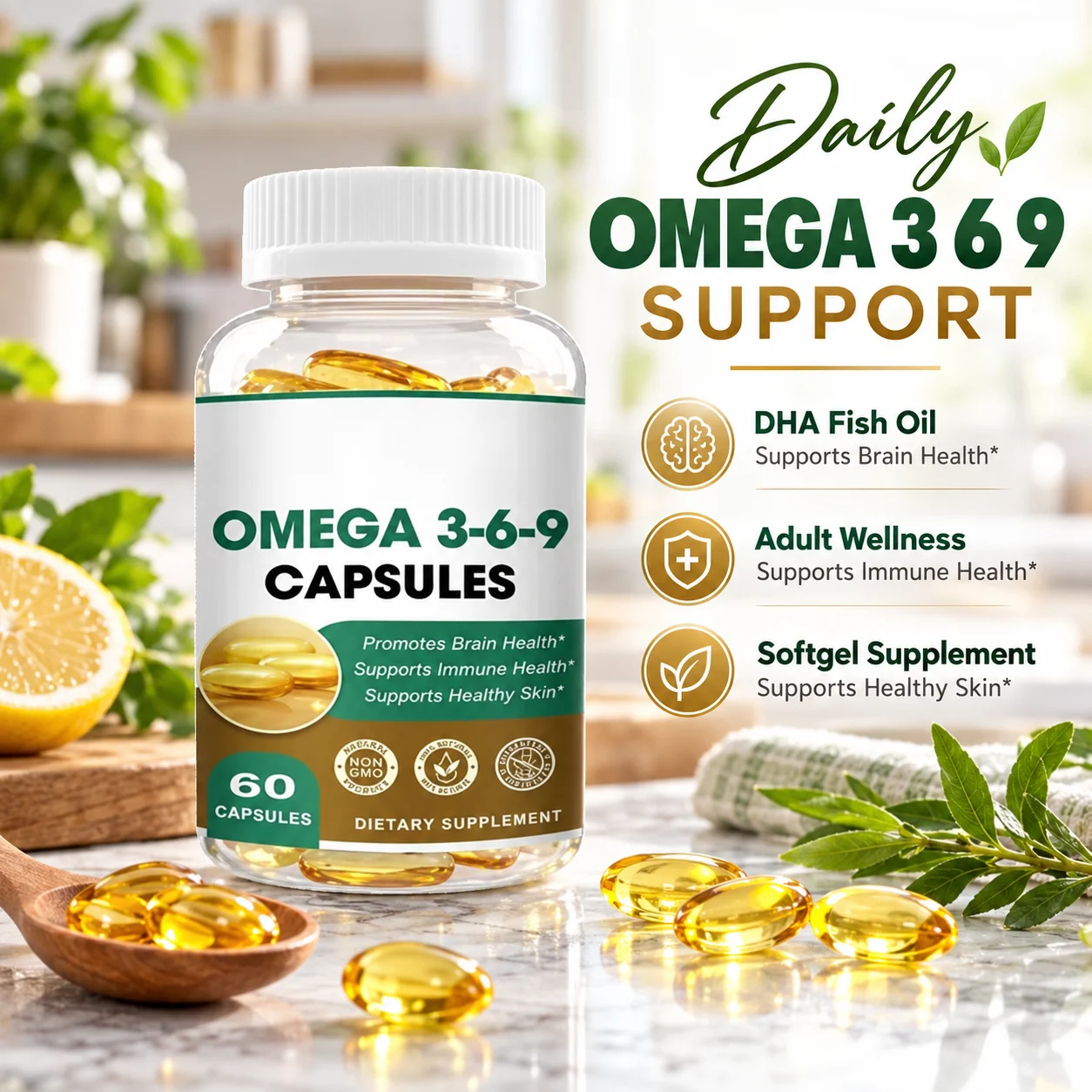 Omega 3-6-9 Softgels, 60 Count, DHA Fish Oil & Plant-Based Fatty Acids, Daily Essential Fatty Acid Supplement for Men and Women, OEM ODM Private Label, Custom Formula, Wholesale product detail