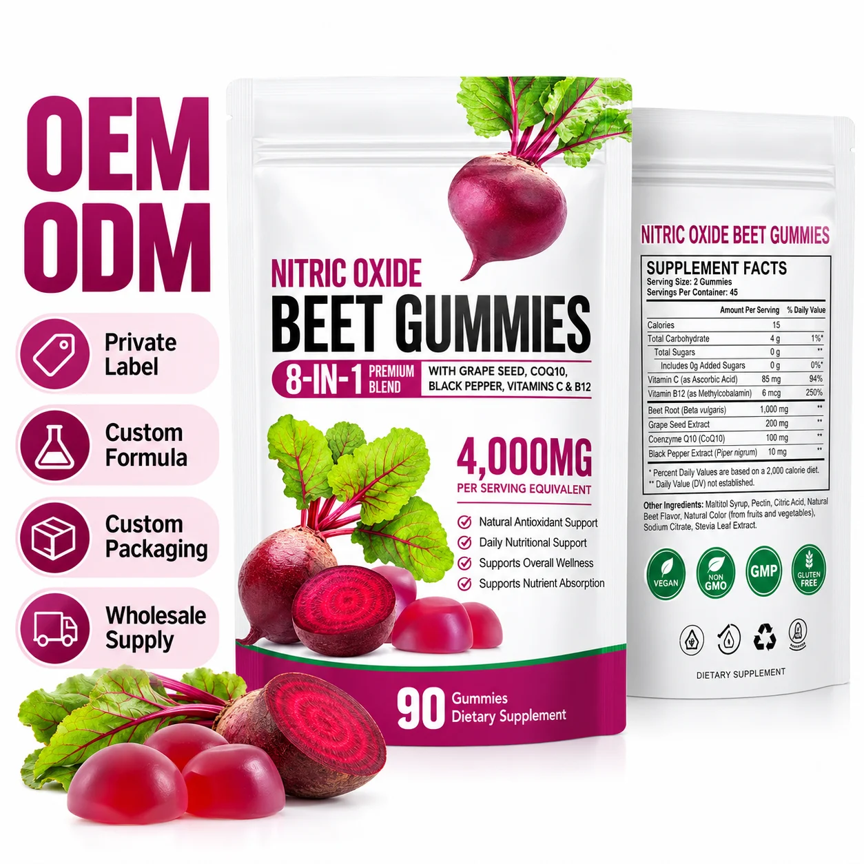 Nitric Oxide Beet Root Gummies 4000mg Equivalent Per Serving, 90 Count, 8-in-1 Blend with Grape Seed, CoQ10, Black Pepper, Vitamin C & B12, OEM ODM Private Label Wholesale