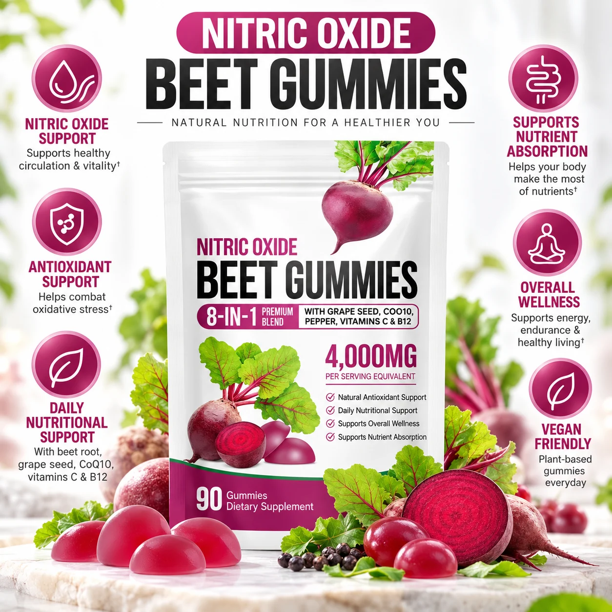 Nitric Oxide Beet Root Gummies 4000mg Equivalent Per Serving, 90 Count, 8-in-1 Blend with Grape Seed, CoQ10, Black Pepper, Vitamin C & B12, OEM ODM Private Label Wholesale product detail