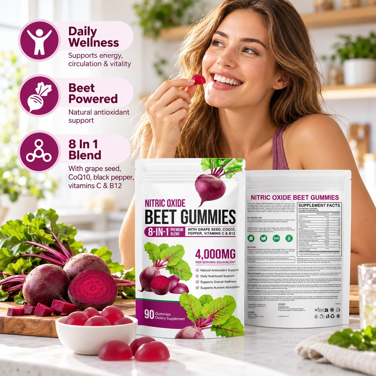Nitric Oxide Beet Root Gummies 4000mg Equivalent Per Serving, 90 Count, 8-in-1 Blend with Grape Seed, CoQ10, Black Pepper, Vitamin C & B12, OEM ODM Private Label Wholesale product detail