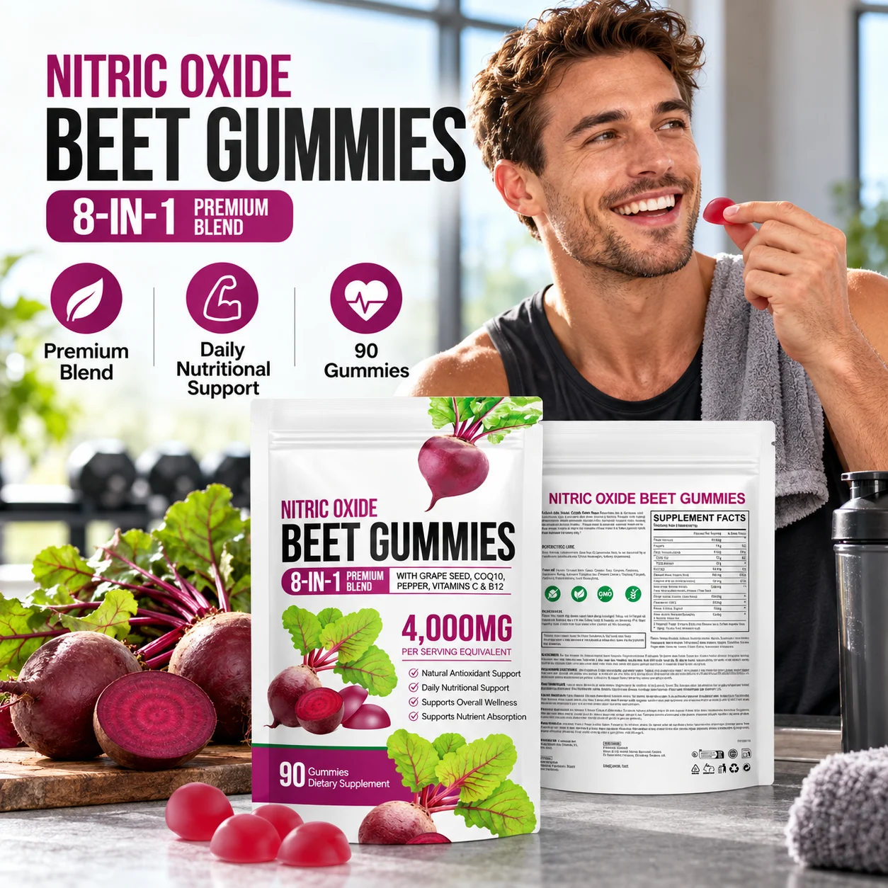 Nitric Oxide Beet Root Gummies 4000mg Equivalent Per Serving, 90 Count, 8-in-1 Blend with Grape Seed, CoQ10, Black Pepper, Vitamin C & B12, OEM ODM Private Label Wholesale product detail