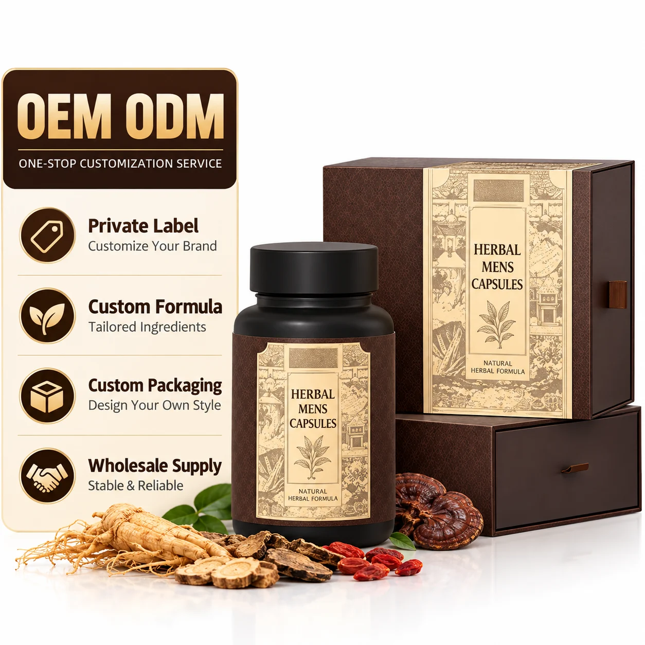 Herbal Men's Wellness Capsules, Premium Traditional Herbal Formula for Adult Men, Daily Vitality Supplement, Gift Box Packaging, OEM ODM Private Label, Custom Formula, Wholesale Supply
