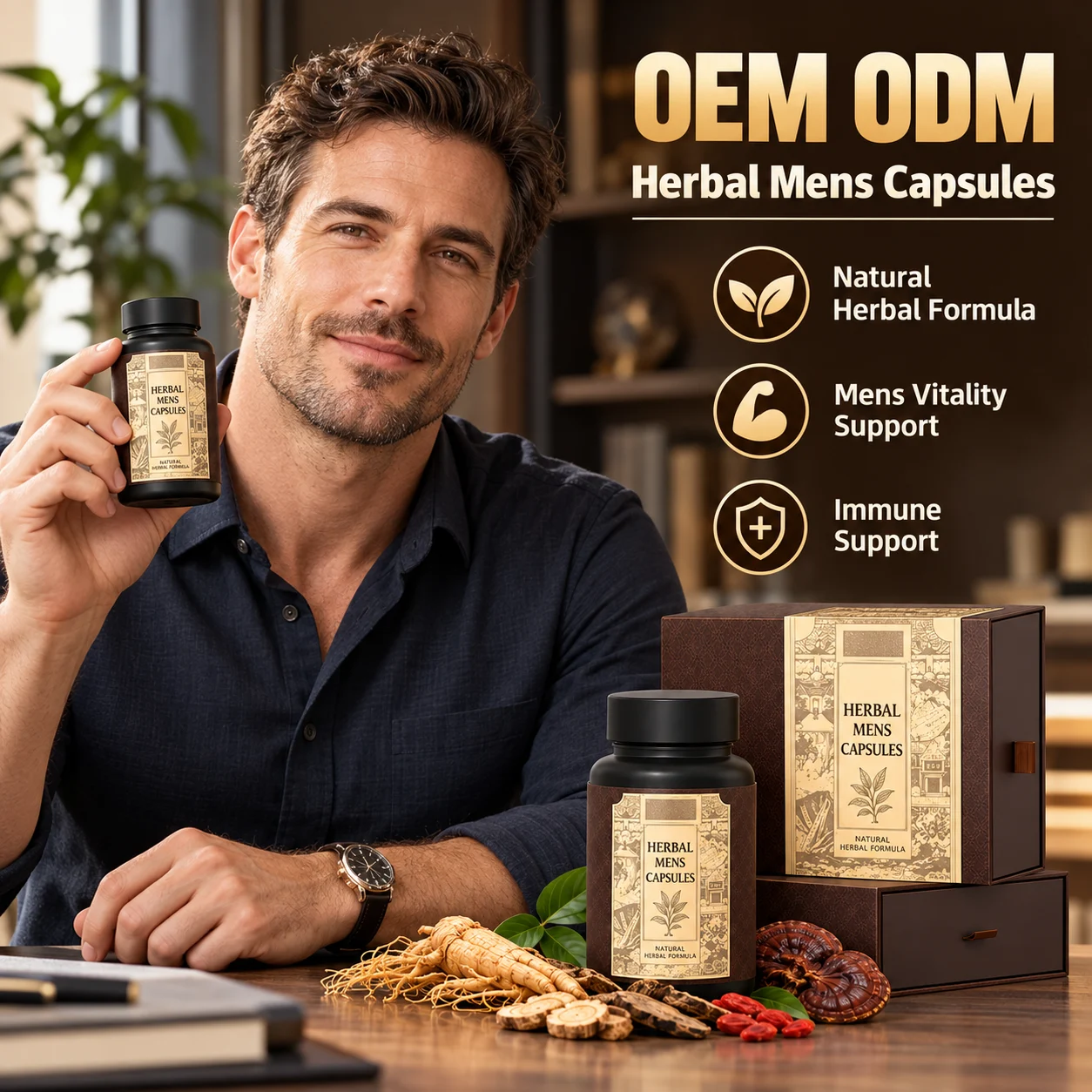 Herbal Men's Wellness Capsules, Premium Traditional Herbal Formula for Adult Men, Daily Vitality Supplement, Gift Box Packaging, OEM ODM Private Label, Custom Formula, Wholesale Supply product detail
