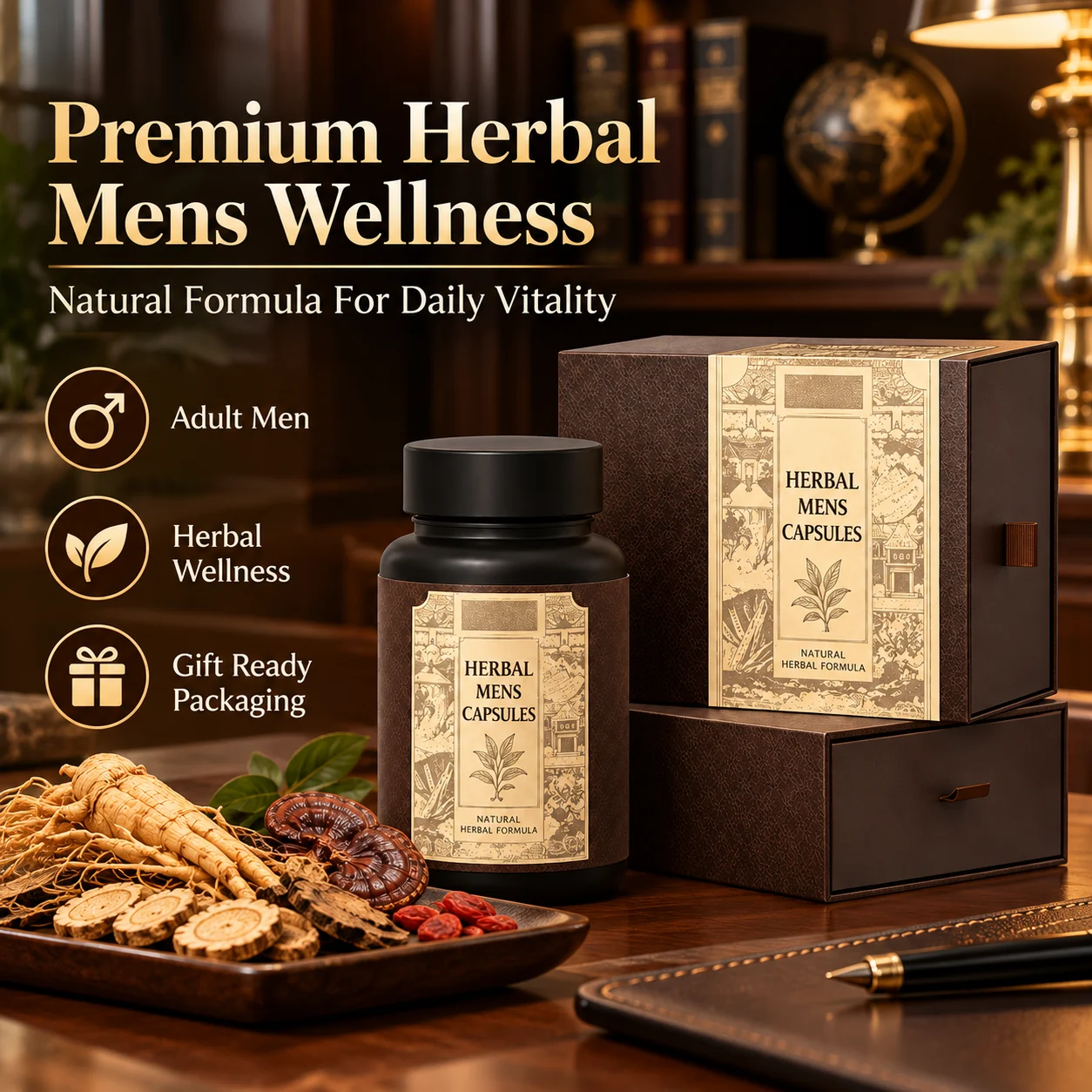 Herbal Men's Wellness Capsules, Premium Traditional Herbal Formula for Adult Men, Daily Vitality Supplement, Gift Box Packaging, OEM ODM Private Label, Custom Formula, Wholesale Supply product detail