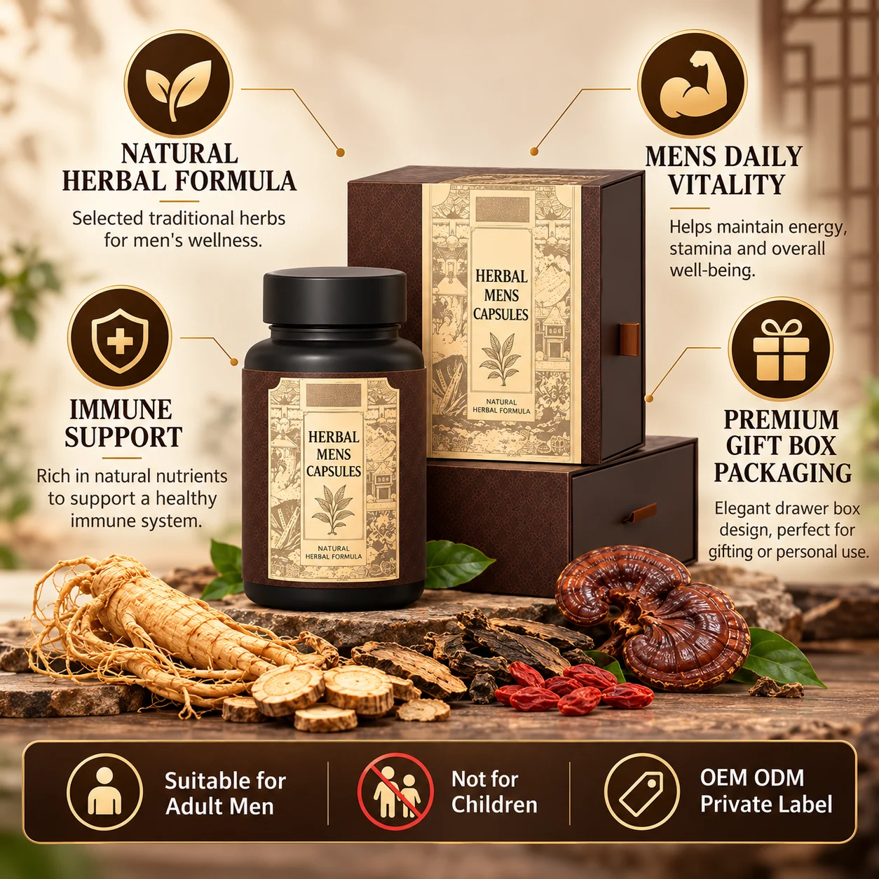 Herbal Men's Wellness Capsules, Premium Traditional Herbal Formula for Adult Men, Daily Vitality Supplement, Gift Box Packaging, OEM ODM Private Label, Custom Formula, Wholesale Supply product detail