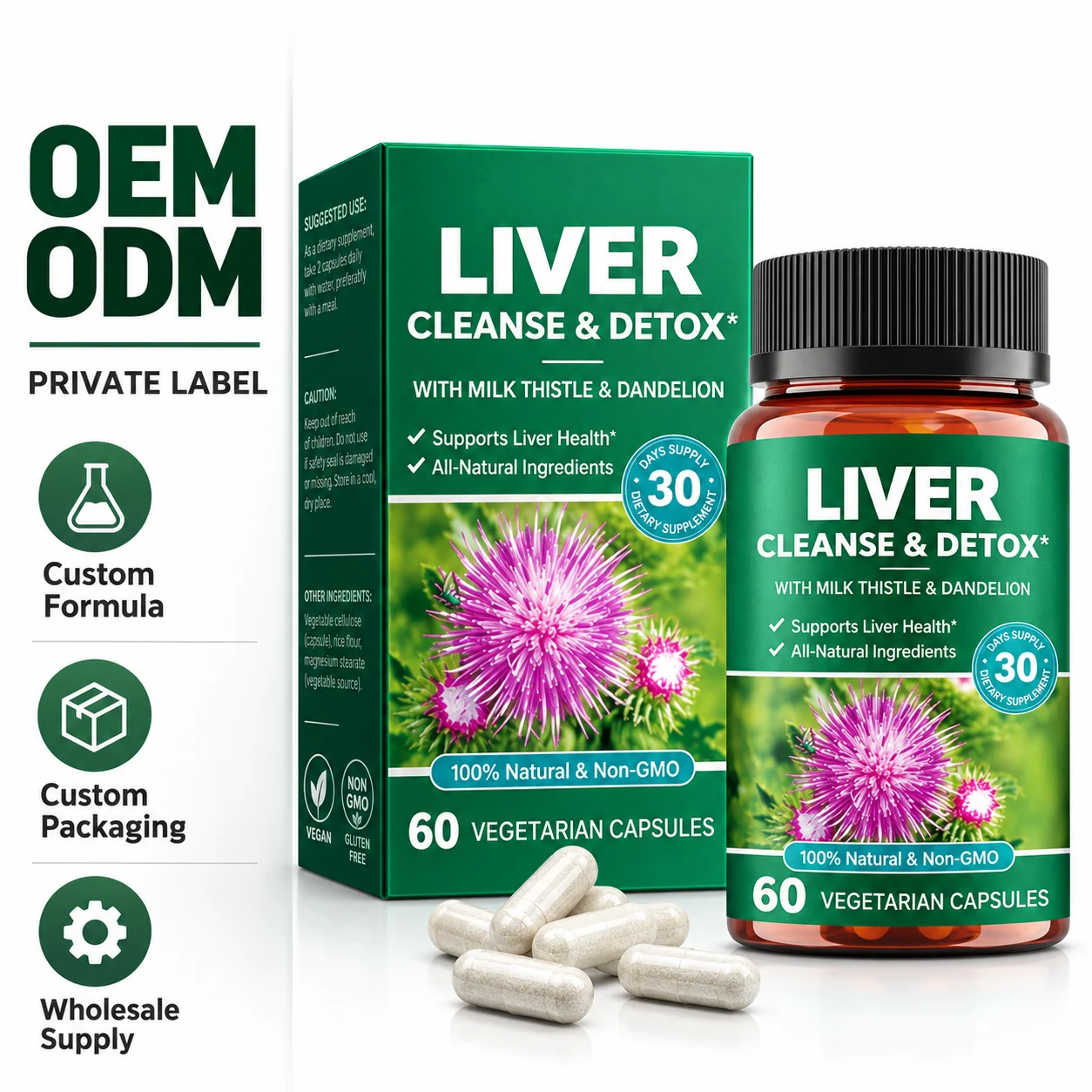 Milk Thistle & Dandelion Liver Support Capsules, 60 Vegetarian Capsules, 30 Day Supply, Herbal Dietary Supplement, Non-GMO, Gluten Free, OEM ODM Private Label Wholesale