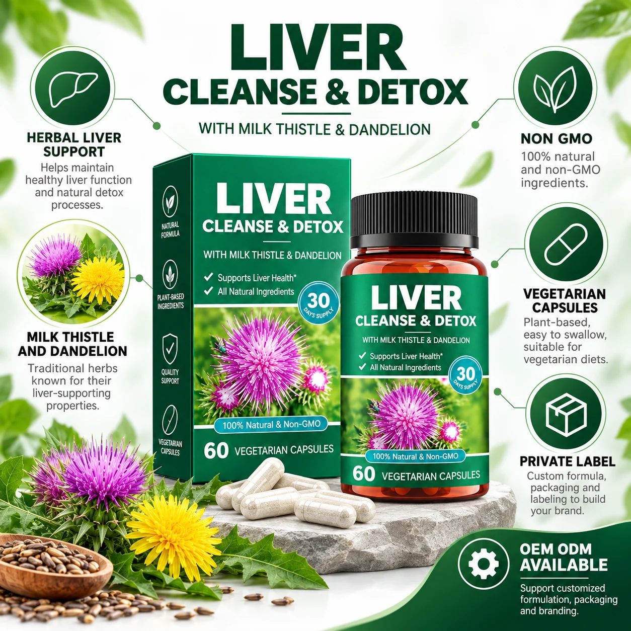 Milk Thistle & Dandelion Liver Support Capsules, 60 Vegetarian Capsules, 30 Day Supply, Herbal Dietary Supplement, Non-GMO, Gluten Free, OEM ODM Private Label Wholesale product detail
