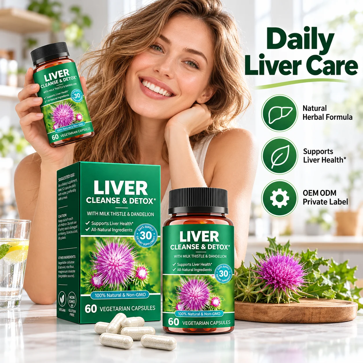 Milk Thistle & Dandelion Liver Support Capsules, 60 Vegetarian Capsules, 30 Day Supply, Herbal Dietary Supplement, Non-GMO, Gluten Free, OEM ODM Private Label Wholesale product detail