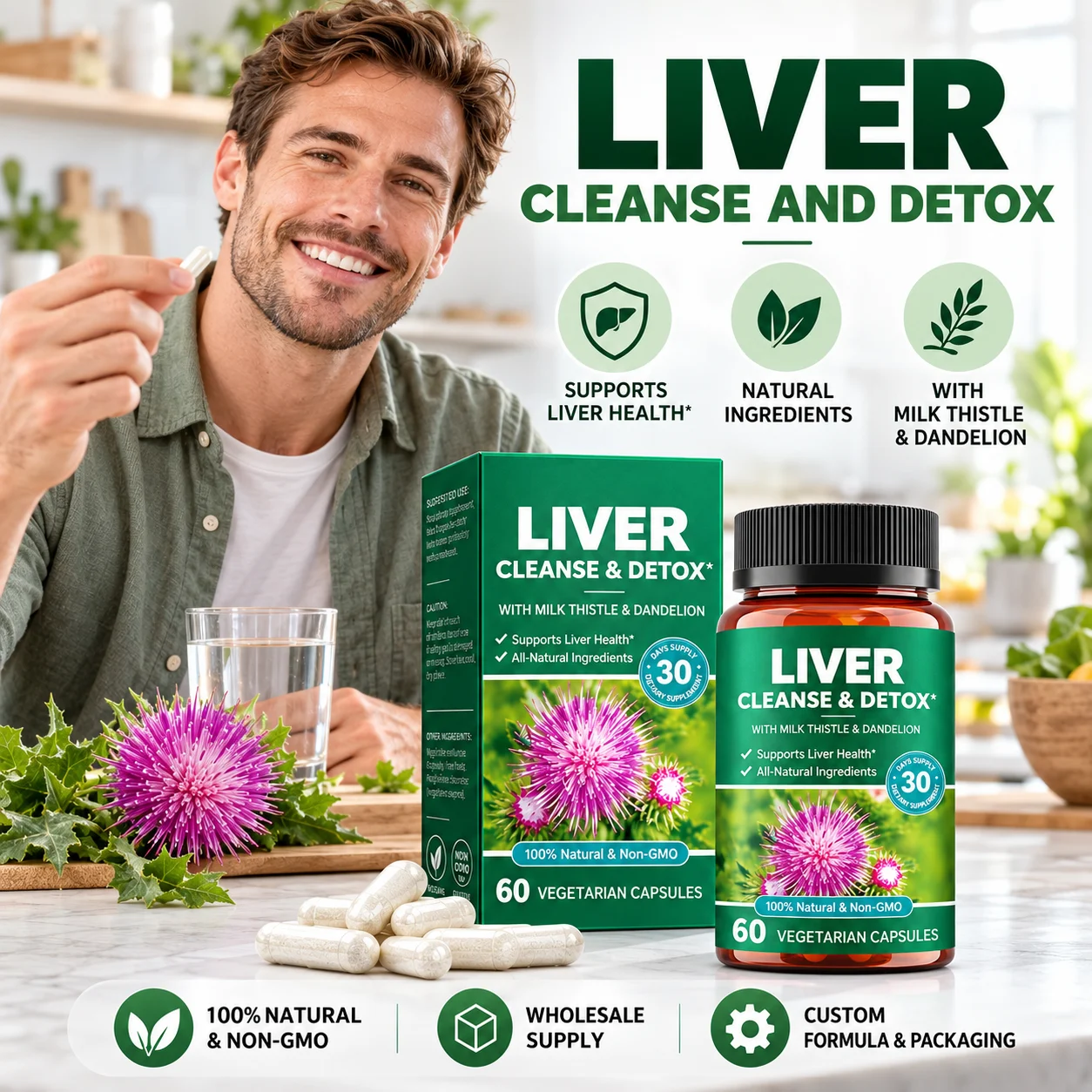 Milk Thistle & Dandelion Liver Support Capsules, 60 Vegetarian Capsules, 30 Day Supply, Herbal Dietary Supplement, Non-GMO, Gluten Free, OEM ODM Private Label Wholesale product detail