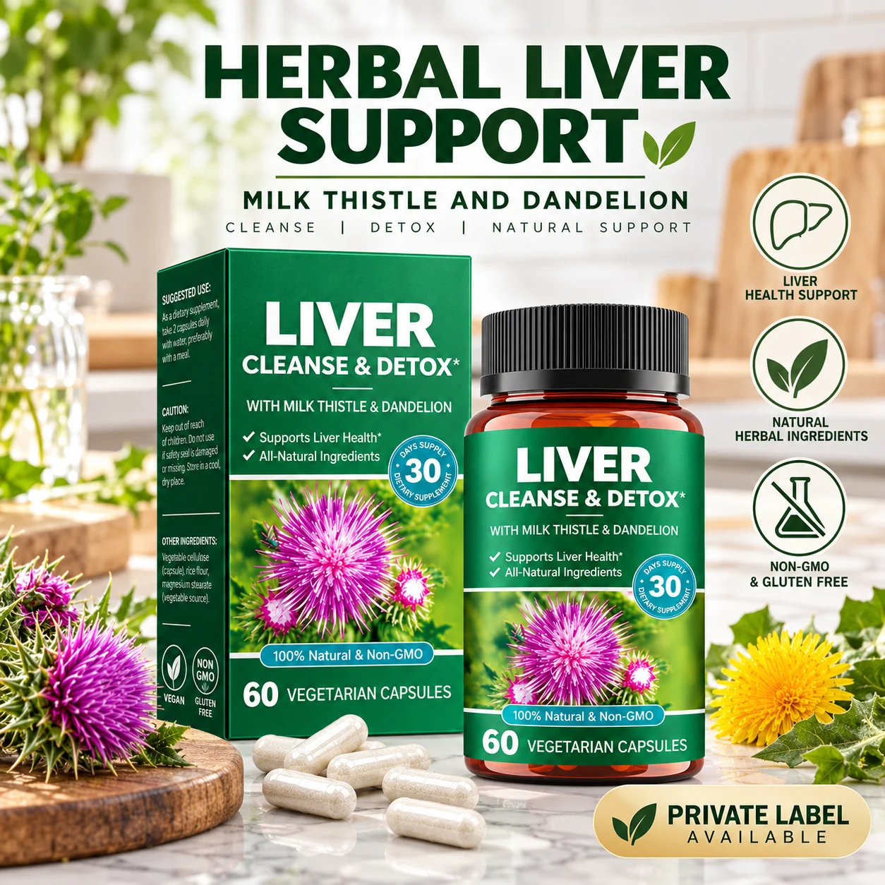 Milk Thistle & Dandelion Liver Support Capsules, 60 Vegetarian Capsules, 30 Day Supply, Herbal Dietary Supplement, Non-GMO, Gluten Free, OEM ODM Private Label Wholesale product detail