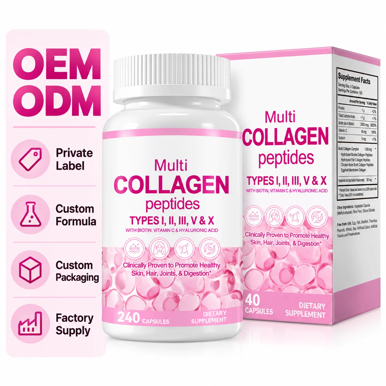 Multi Collagen Peptides Capsules, 240 Count, Types I II III V & X with Biotin, Vitamin C & Hyaluronic Acid, Skin Hair & Joint Supplement, OEM ODM Private Label Wholesale