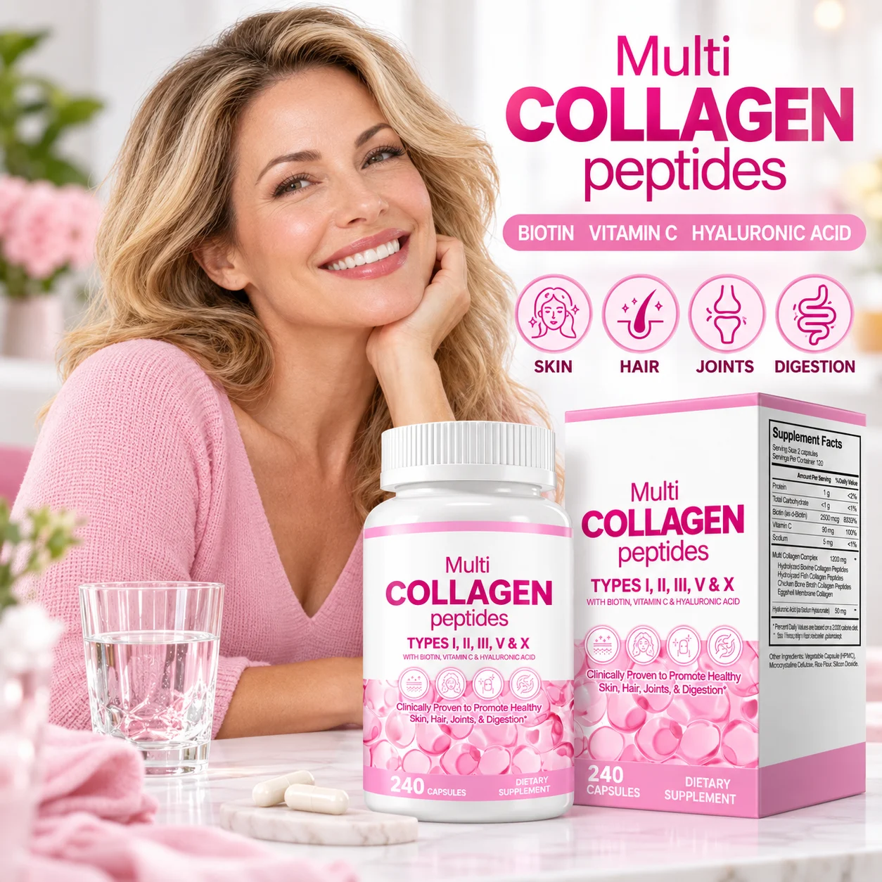 Multi Collagen Peptides Capsules, 240 Count, Types I II III V & X with Biotin, Vitamin C & Hyaluronic Acid, Skin Hair & Joint Supplement, OEM ODM Private Label Wholesale product detail