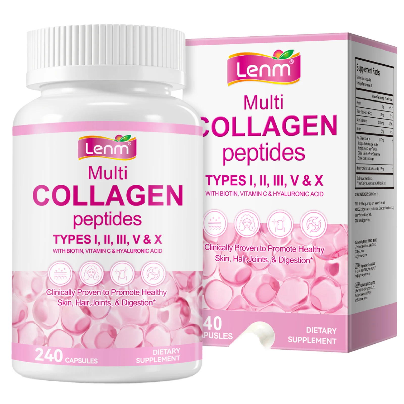 Multi Collagen Peptides Capsules, 240 Count, Types I II III V & X with Biotin, Vitamin C & Hyaluronic Acid, Skin Hair & Joint Supplement, OEM ODM Private Label Wholesale product detail