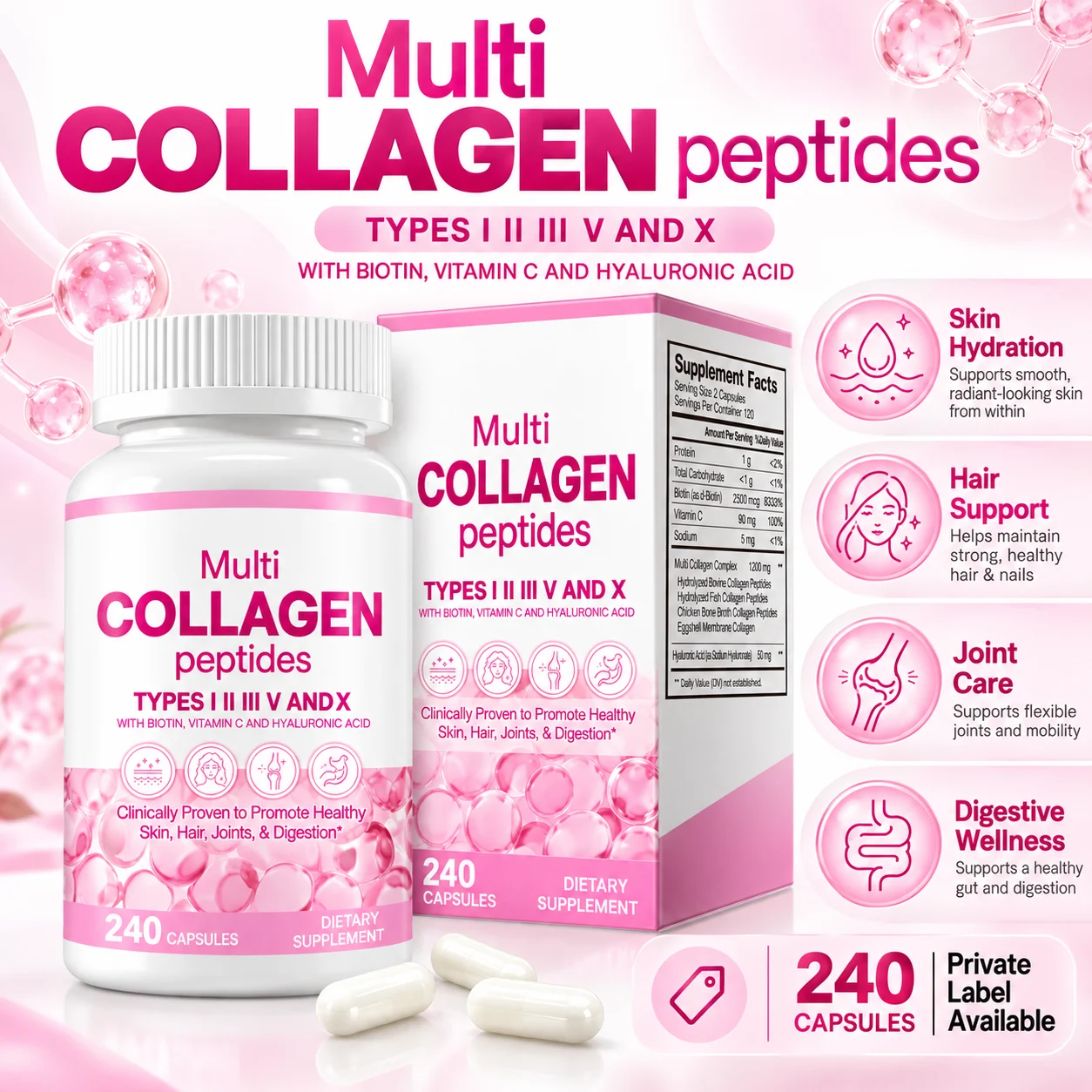 Multi Collagen Peptides Capsules, 240 Count, Types I II III V & X with Biotin, Vitamin C & Hyaluronic Acid, Skin Hair & Joint Supplement, OEM ODM Private Label Wholesale product detail