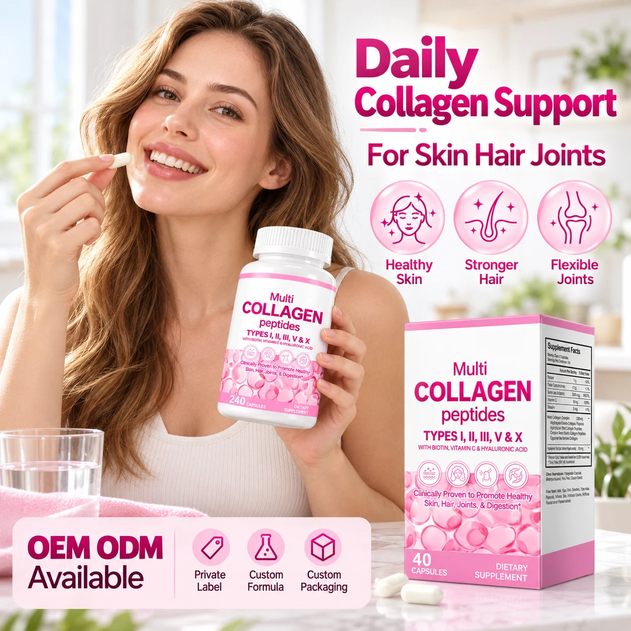 Multi Collagen Peptides Capsules, 240 Count, Types I II III V & X with Biotin, Vitamin C & Hyaluronic Acid, Skin Hair & Joint Supplement, OEM ODM Private Label Wholesale product detail