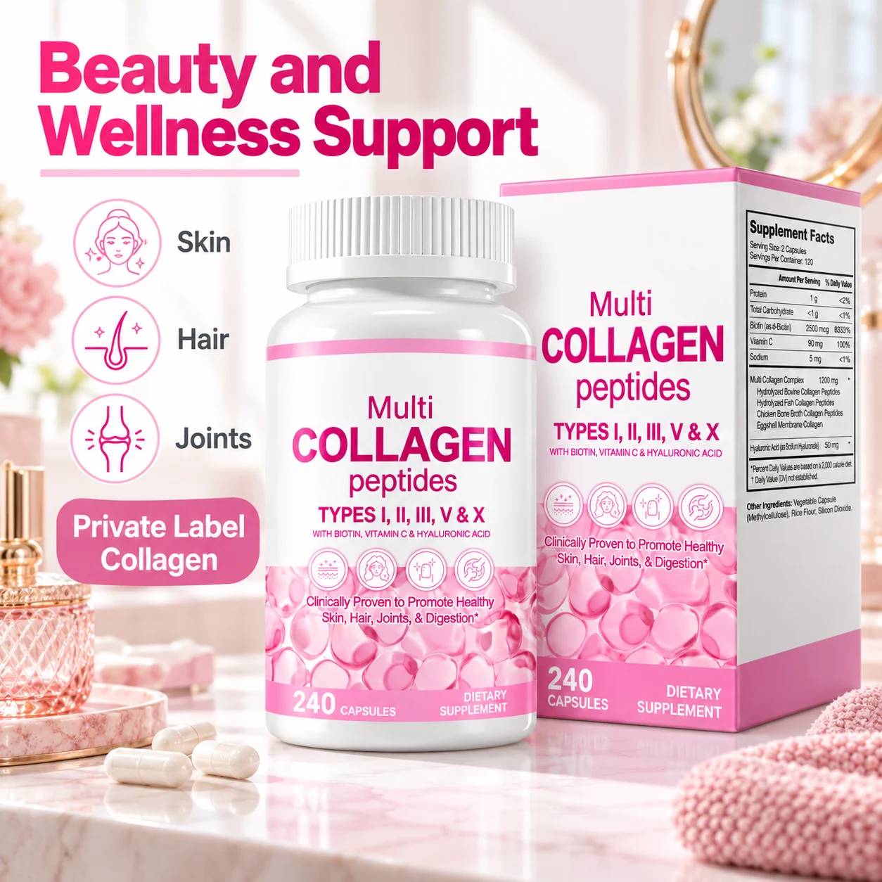 Multi Collagen Peptides Capsules, 240 Count, Types I II III V & X with Biotin, Vitamin C & Hyaluronic Acid, Skin Hair & Joint Supplement, OEM ODM Private Label Wholesale product detail