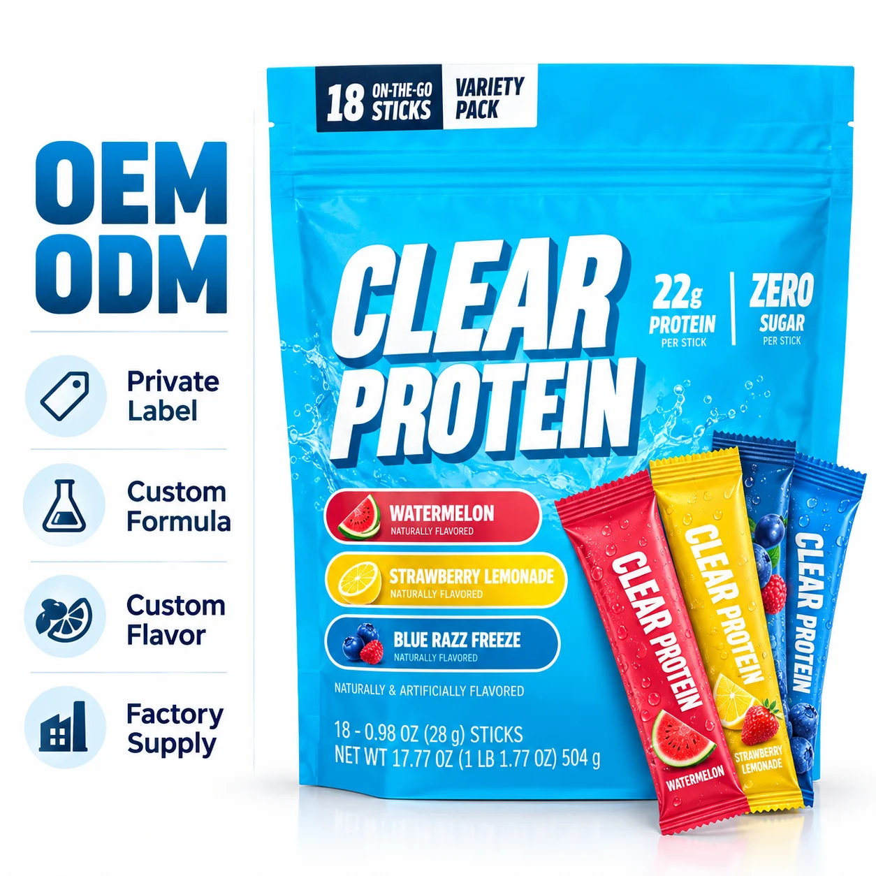 Clear Protein Powder Sticks, 22g Protein Per Stick, Zero Sugar, 18 Count Variety Pack, Watermelon Strawberry Lemonade & Blue Razz Flavors, On-the-Go Protein Drink Mix, OEM ODM Private Label Wholesale