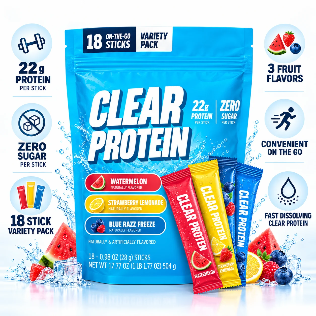 Clear Protein Powder Sticks, 22g Protein Per Stick, Zero Sugar, 18 Count Variety Pack, Watermelon Strawberry Lemonade & Blue Razz Flavors, On-the-Go Protein Drink Mix, OEM ODM Private Label Wholesale product detail