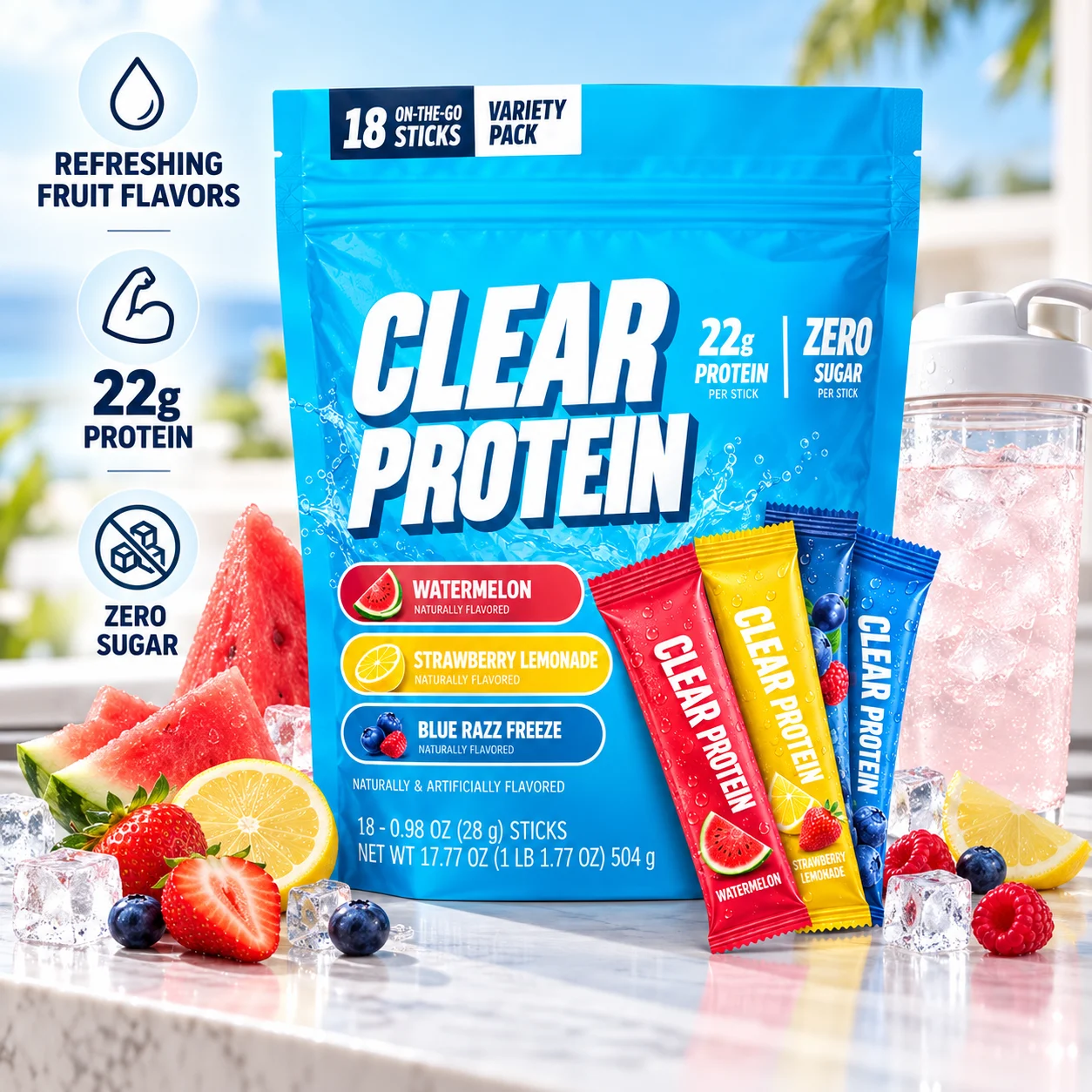 Clear Protein Powder Sticks, 22g Protein Per Stick, Zero Sugar, 18 Count Variety Pack, Watermelon Strawberry Lemonade & Blue Razz Flavors, On-the-Go Protein Drink Mix, OEM ODM Private Label Wholesale product detail