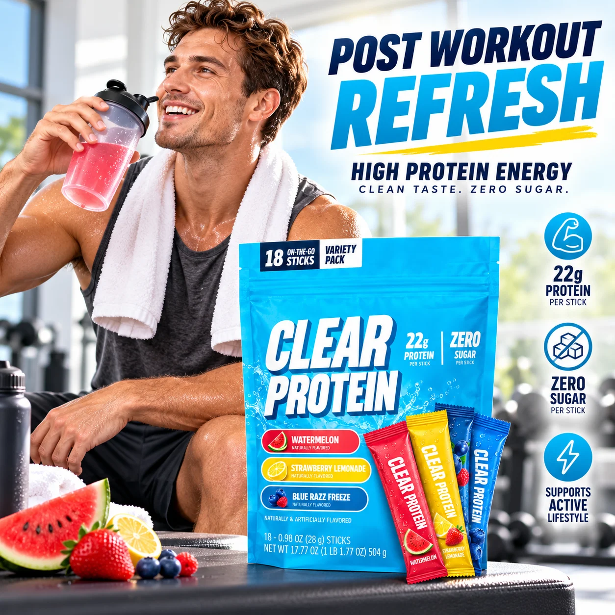 Clear Protein Powder Sticks, 22g Protein Per Stick, Zero Sugar, 18 Count Variety Pack, Watermelon Strawberry Lemonade & Blue Razz Flavors, On-the-Go Protein Drink Mix, OEM ODM Private Label Wholesale product detail