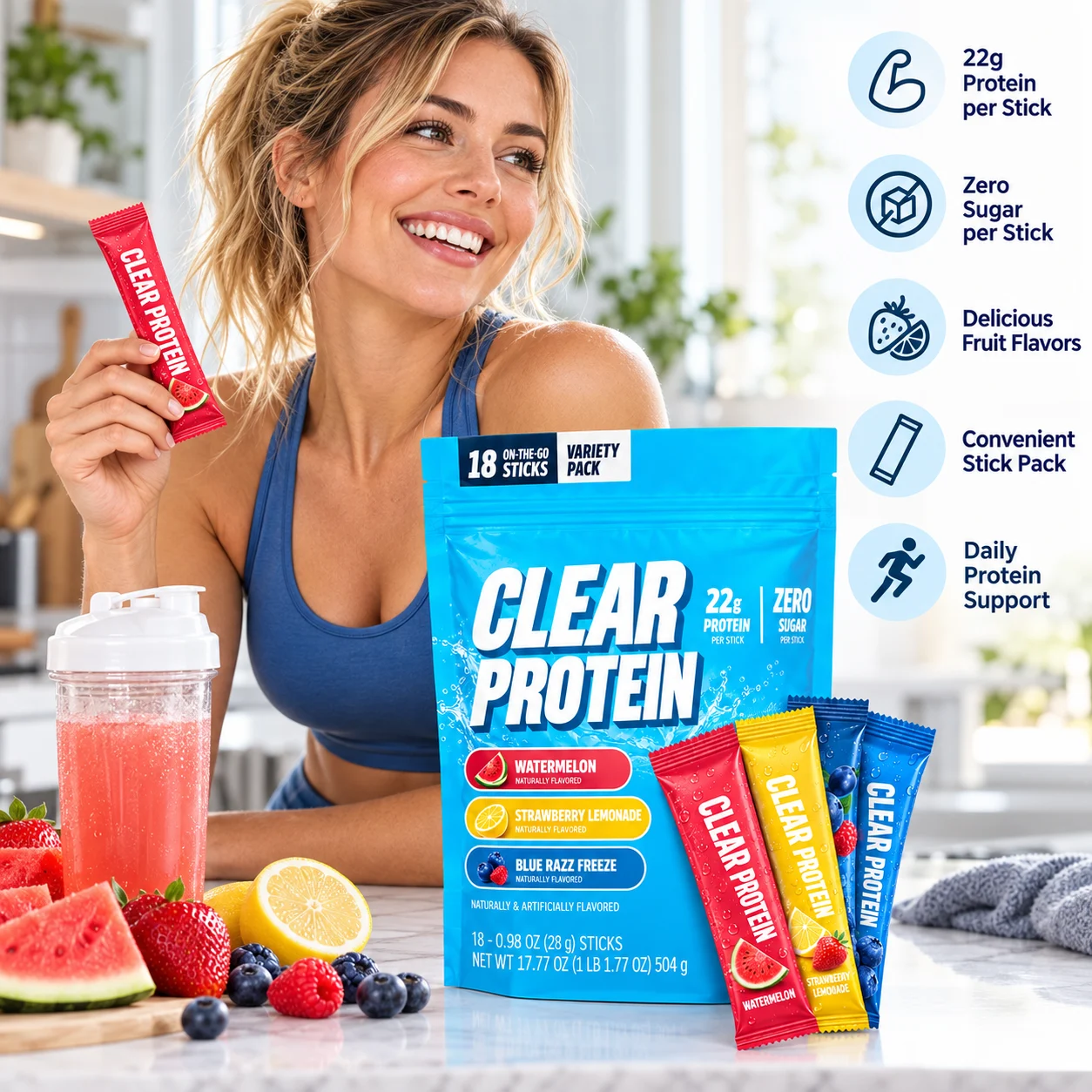 Clear Protein Powder Sticks, 22g Protein Per Stick, Zero Sugar, 18 Count Variety Pack, Watermelon Strawberry Lemonade & Blue Razz Flavors, On-the-Go Protein Drink Mix, OEM ODM Private Label Wholesale product detail