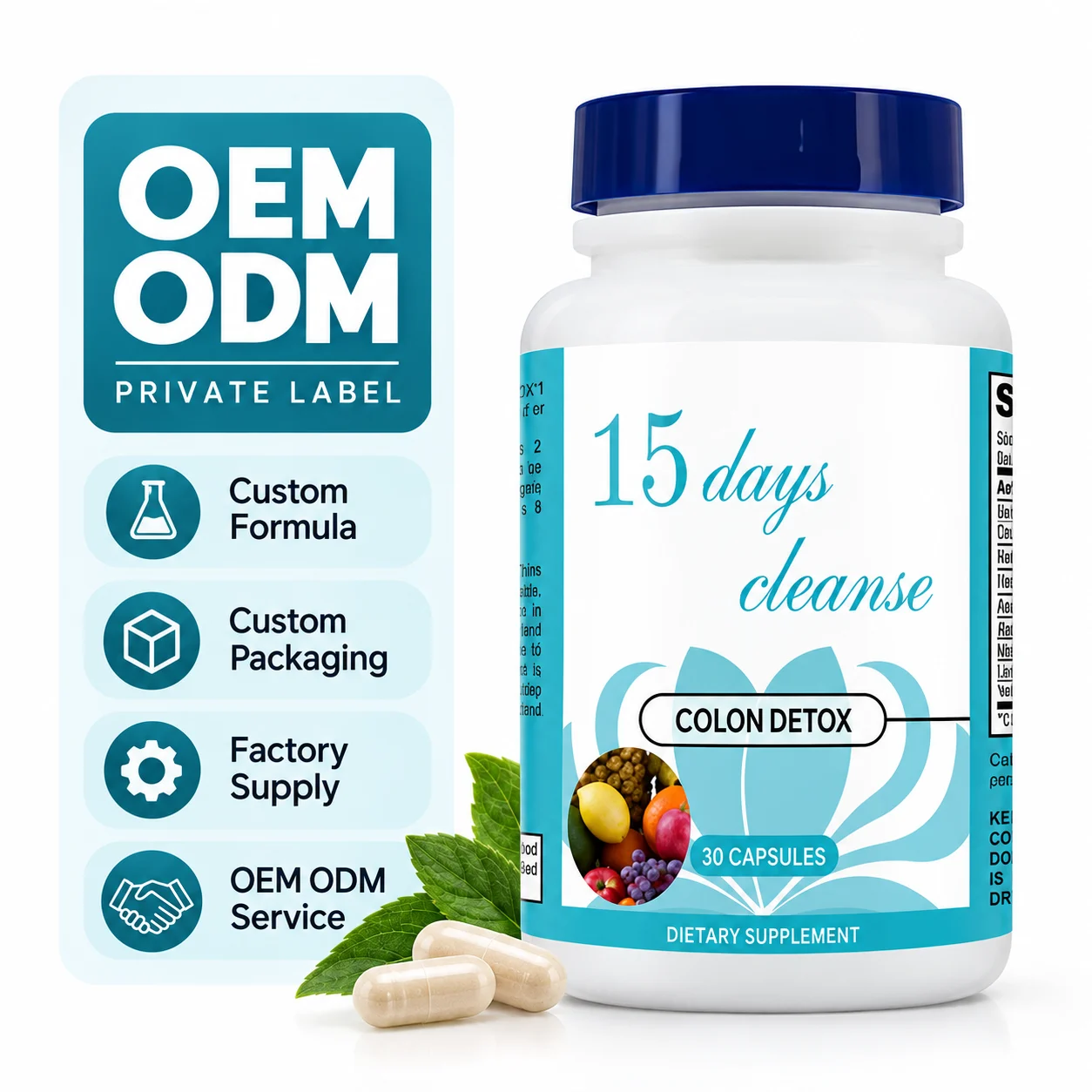 15 Day Colon Cleanse Capsules, 30 Count, Digestive Wellness & Gut Support Dietary Supplement for Adults, OEM ODM Private Label, Custom Formula, Wholesale Supply