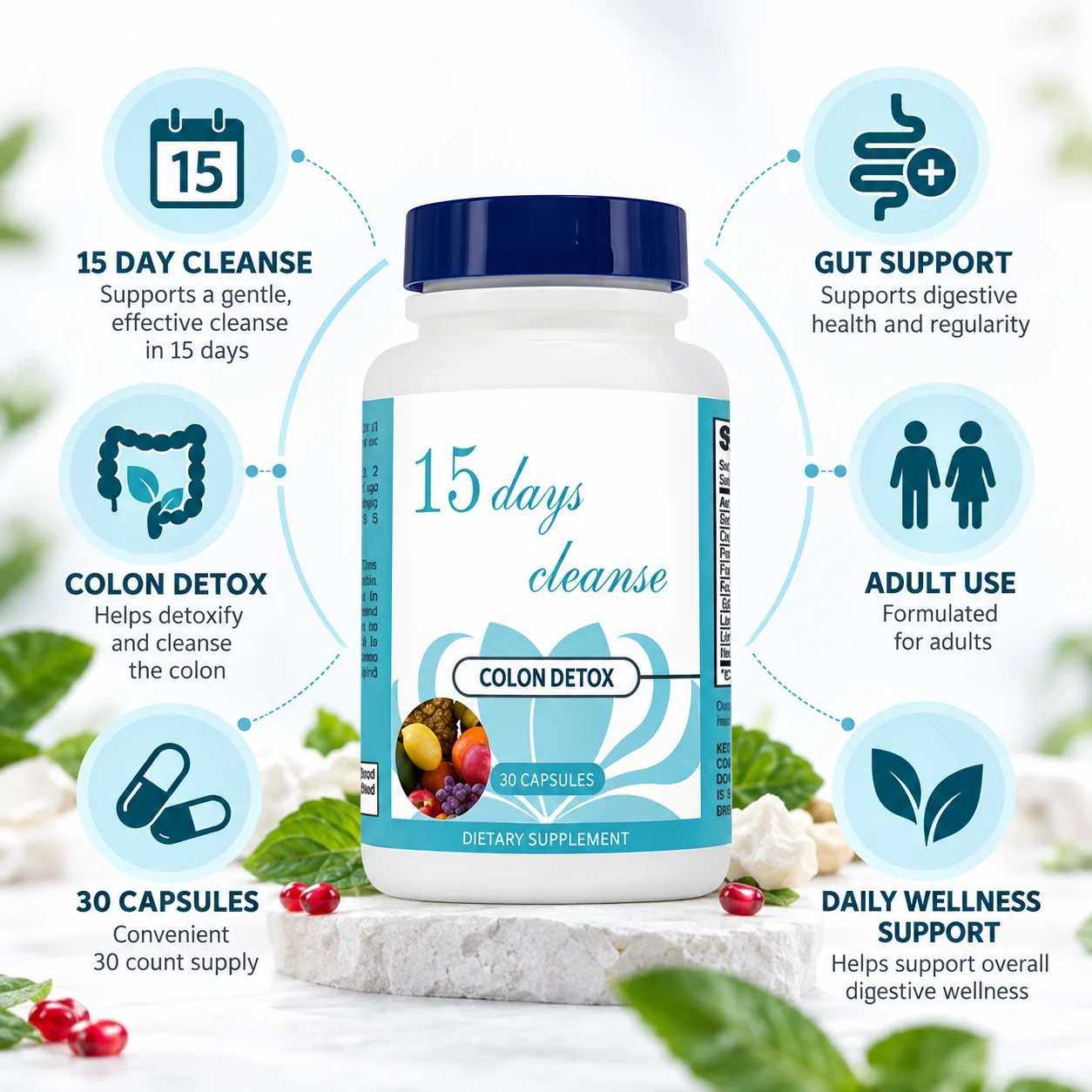 15 Day Colon Cleanse Capsules, 30 Count, Digestive Wellness & Gut Support Dietary Supplement for Adults, OEM ODM Private Label, Custom Formula, Wholesale Supply product detail