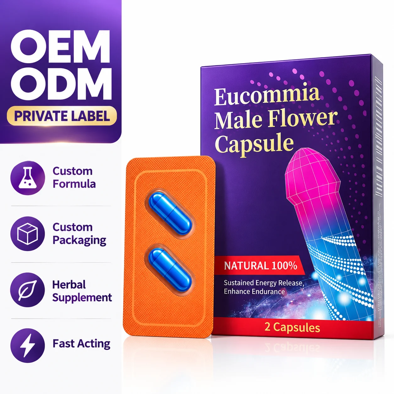 Eucommia Male Flower Capsules, 2 Count Blister Pack, Botanical Herbal Supplement for Adult Men, Premium Herbal Formula, OEM ODM Private Label, Custom Packaging, Wholesale Supply