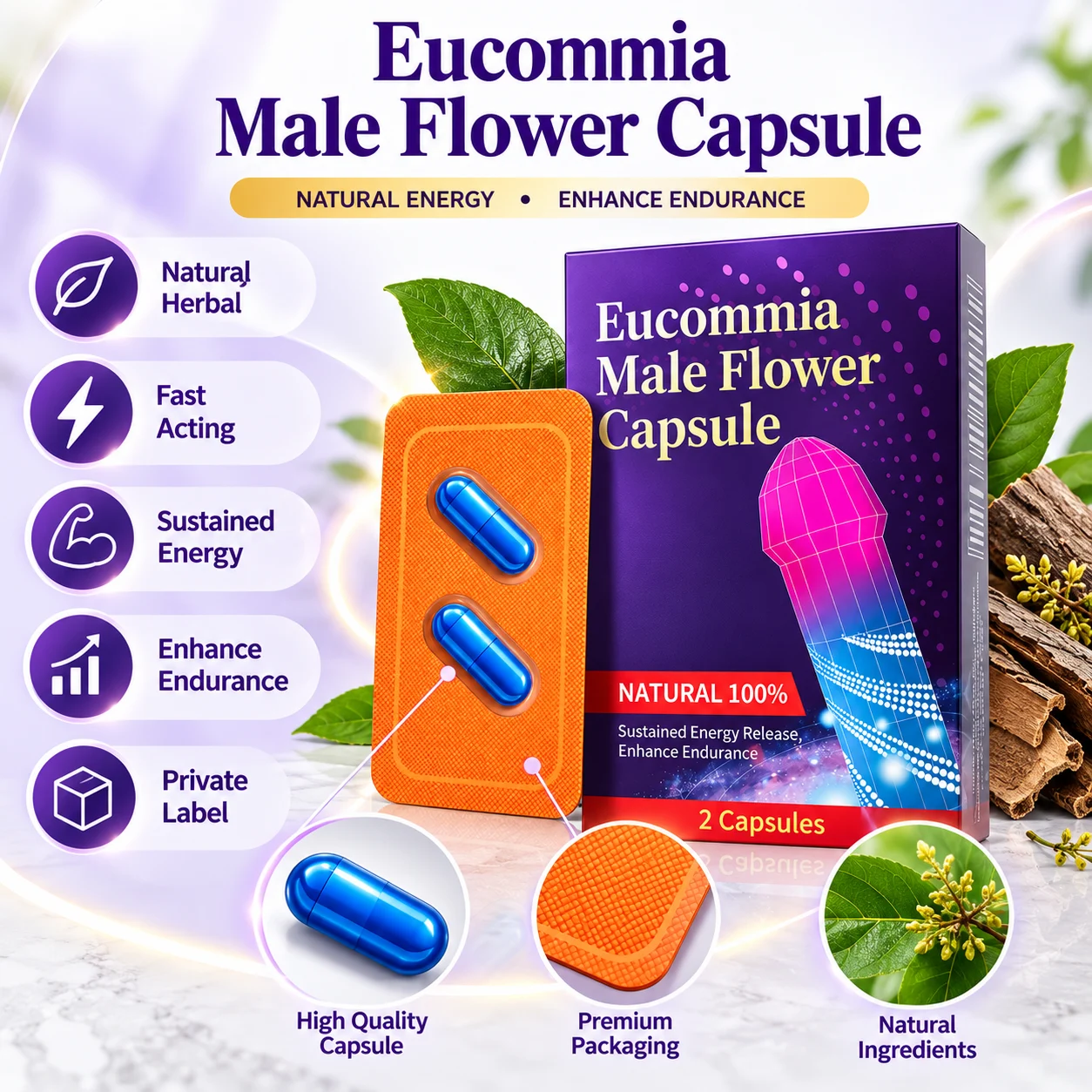 Eucommia Male Flower Capsules, 2 Count Blister Pack, Botanical Herbal Supplement for Adult Men, Premium Herbal Formula, OEM ODM Private Label, Custom Packaging, Wholesale Supply product detail