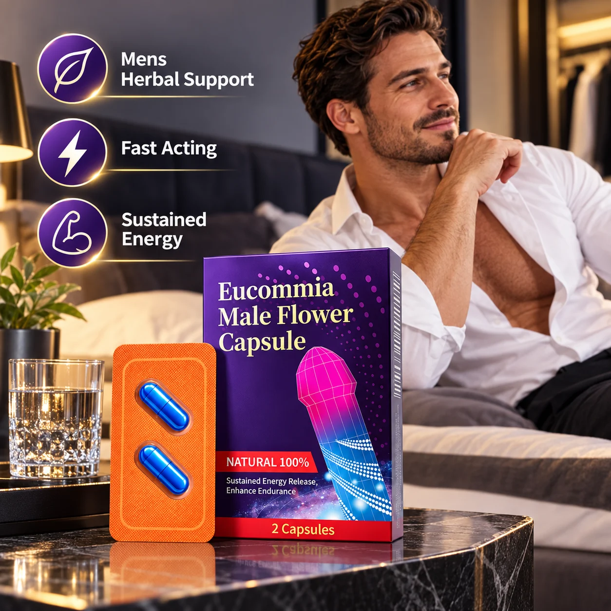 Eucommia Male Flower Capsules, 2 Count Blister Pack, Botanical Herbal Supplement for Adult Men, Premium Herbal Formula, OEM ODM Private Label, Custom Packaging, Wholesale Supply product detail