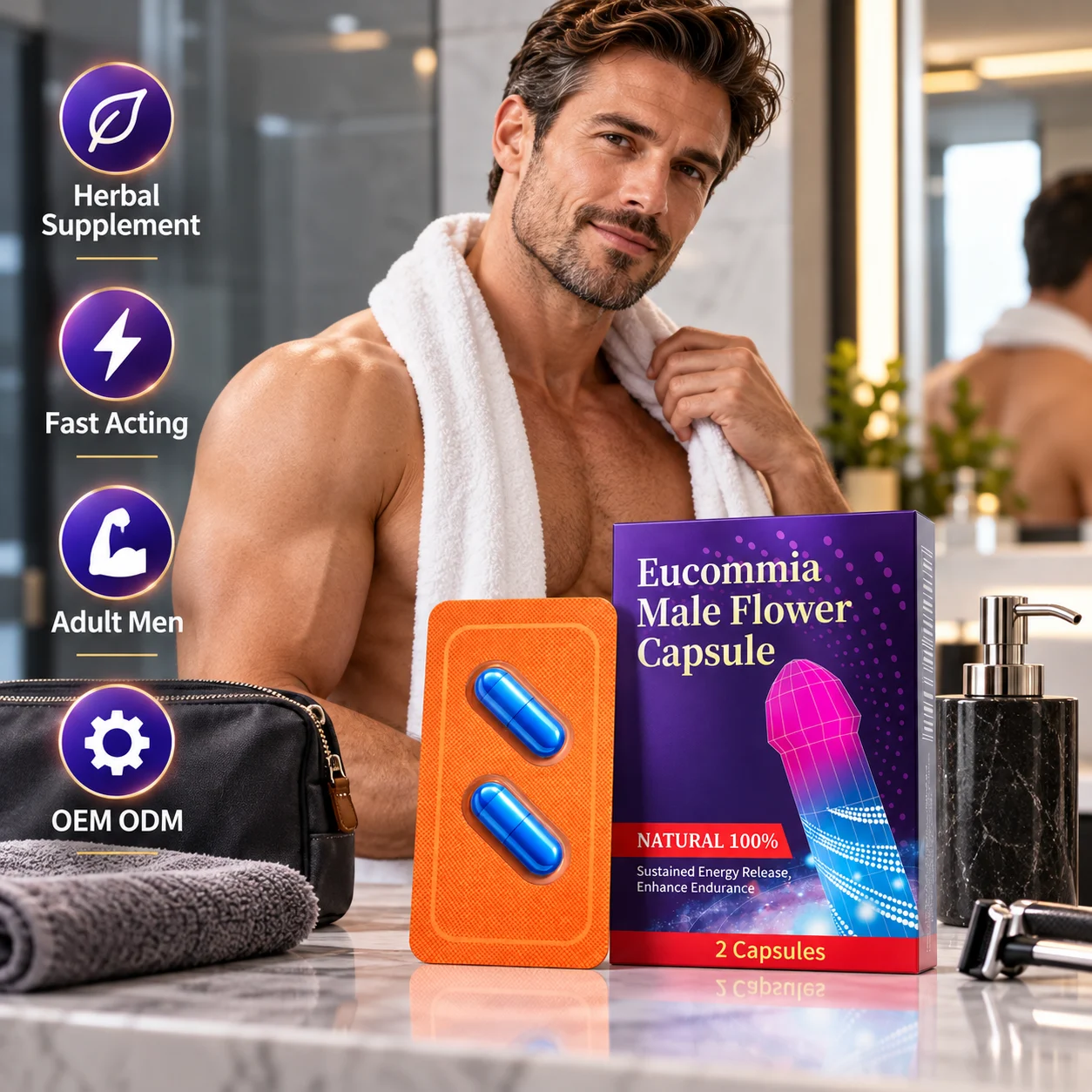 Eucommia Male Flower Capsules, 2 Count Blister Pack, Botanical Herbal Supplement for Adult Men, Premium Herbal Formula, OEM ODM Private Label, Custom Packaging, Wholesale Supply product detail