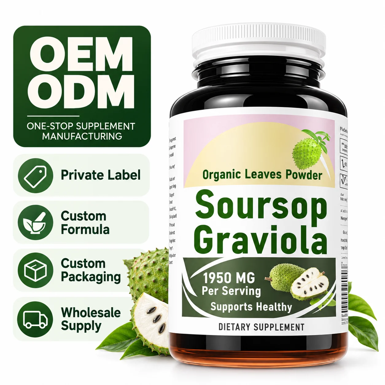 Soursop Graviola Leaf Supplement 1950mg Per Serving, Organic Leaves Powder, Botanical Dietary Supplement, OEM ODM Private Label, Custom Formula & Packaging, Wholesale Supply