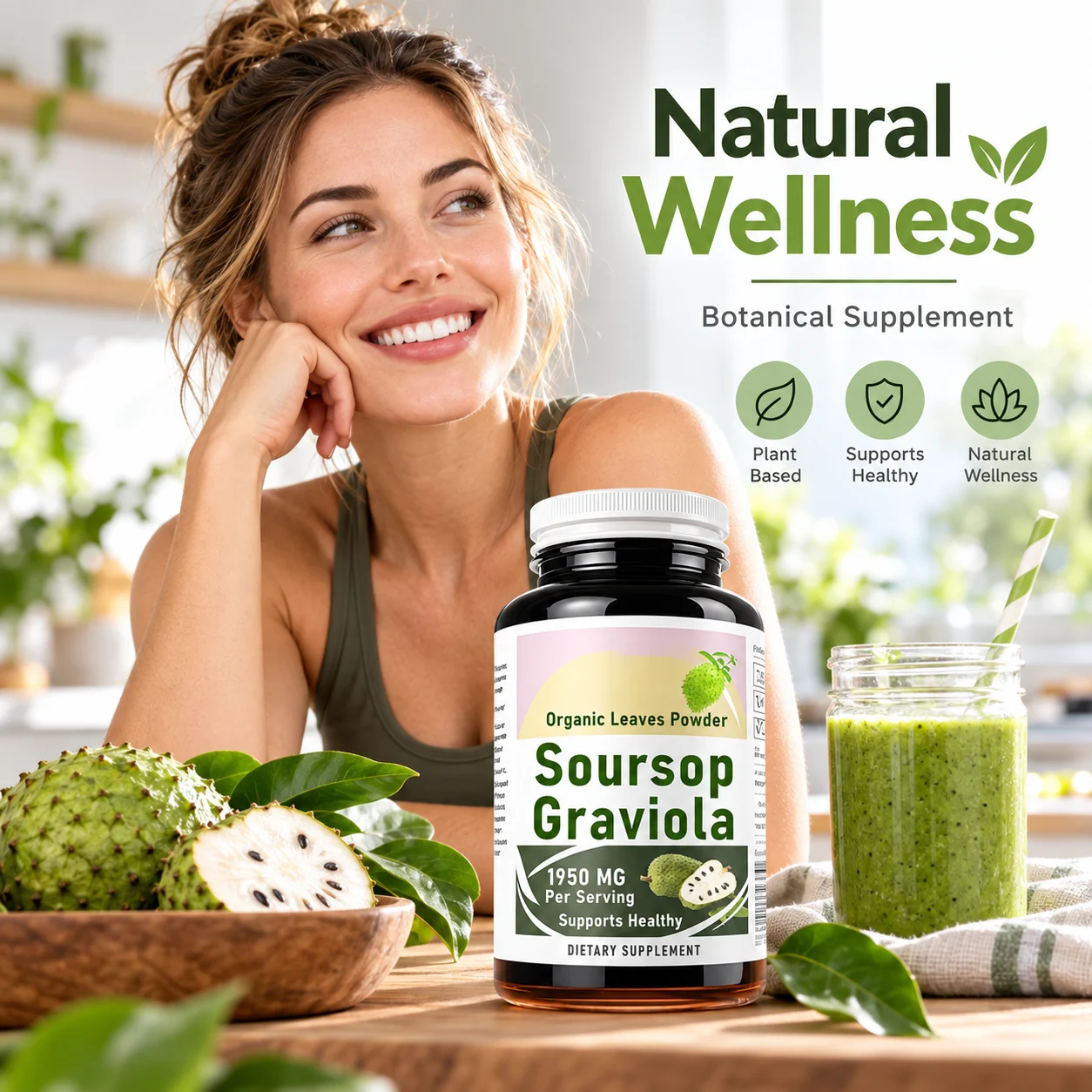 Soursop Graviola Leaf Supplement 1950mg Per Serving, Organic Leaves Powder, Botanical Dietary Supplement, OEM ODM Private Label, Custom Formula & Packaging, Wholesale Supply product detail