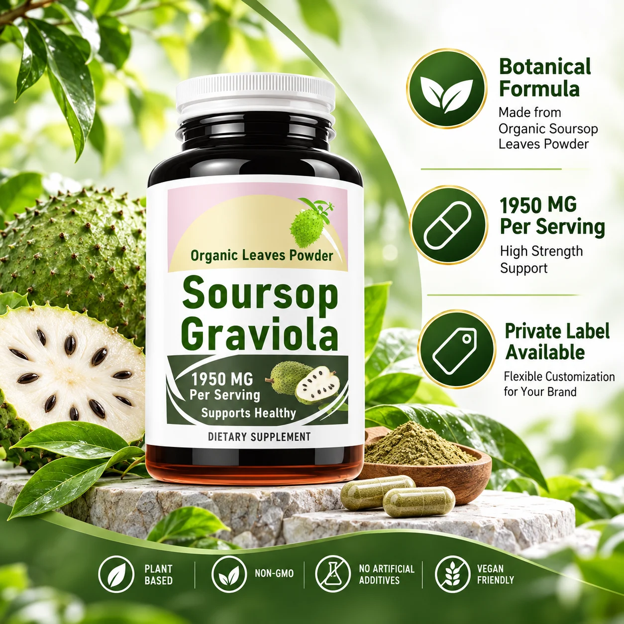 Soursop Graviola Leaf Supplement 1950mg Per Serving, Organic Leaves Powder, Botanical Dietary Supplement, OEM ODM Private Label, Custom Formula & Packaging, Wholesale Supply product detail