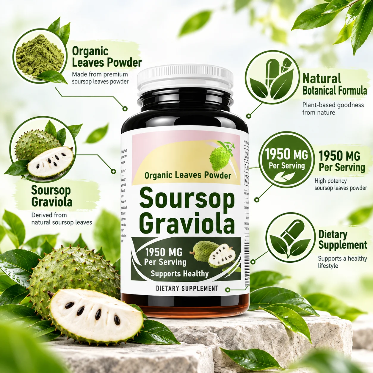 Soursop Graviola Leaf Supplement 1950mg Per Serving, Organic Leaves Powder, Botanical Dietary Supplement, OEM ODM Private Label, Custom Formula & Packaging, Wholesale Supply product detail