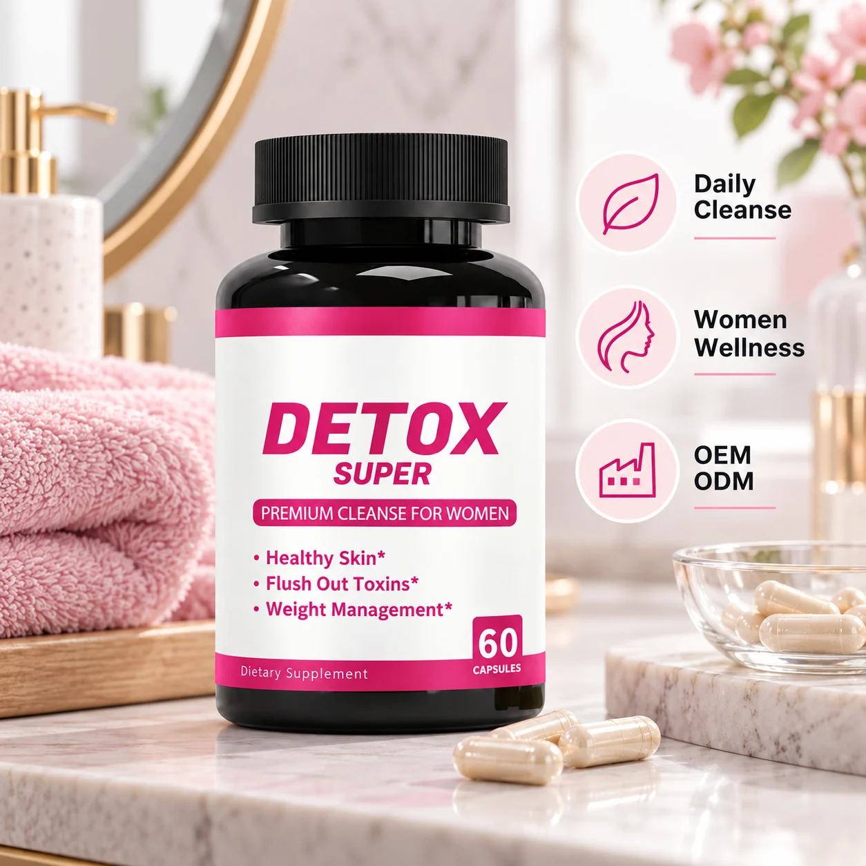 Detox Super Women's Cleanse Capsules, 60 Count, Herbal Dietary Supplement for Women, Daily Wellness Formula, OEM ODM Private Label, Custom Formula & Packaging, Wholesale Supply product detail